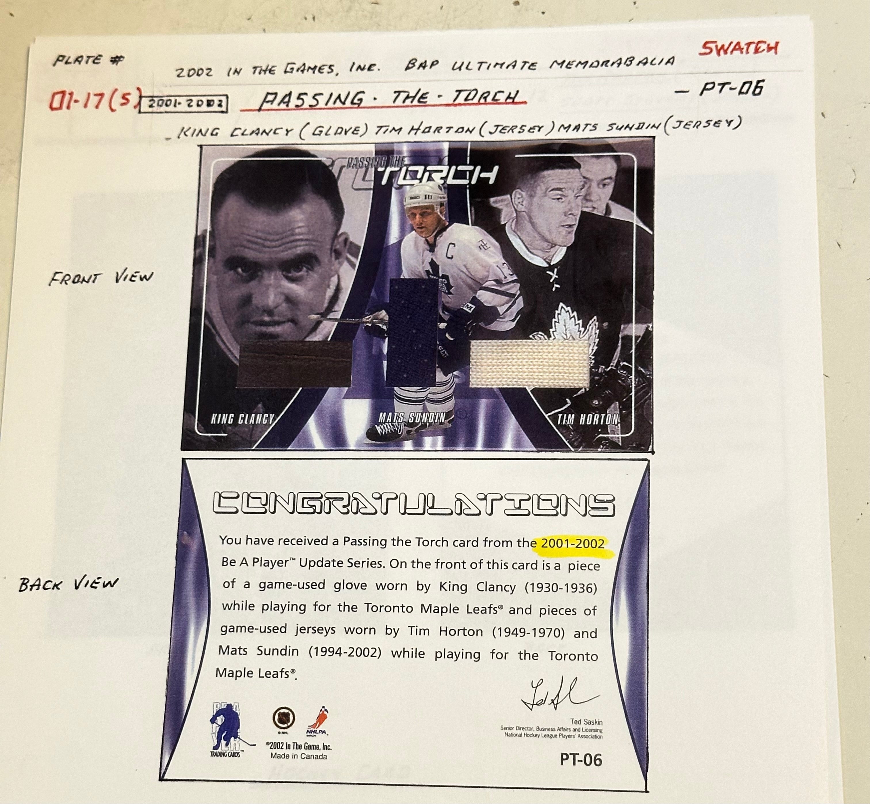Toronto Maple Leafs Tim Horton , king Clancy, Mats Sundin rare triple memorabilia hockey insert card 2001