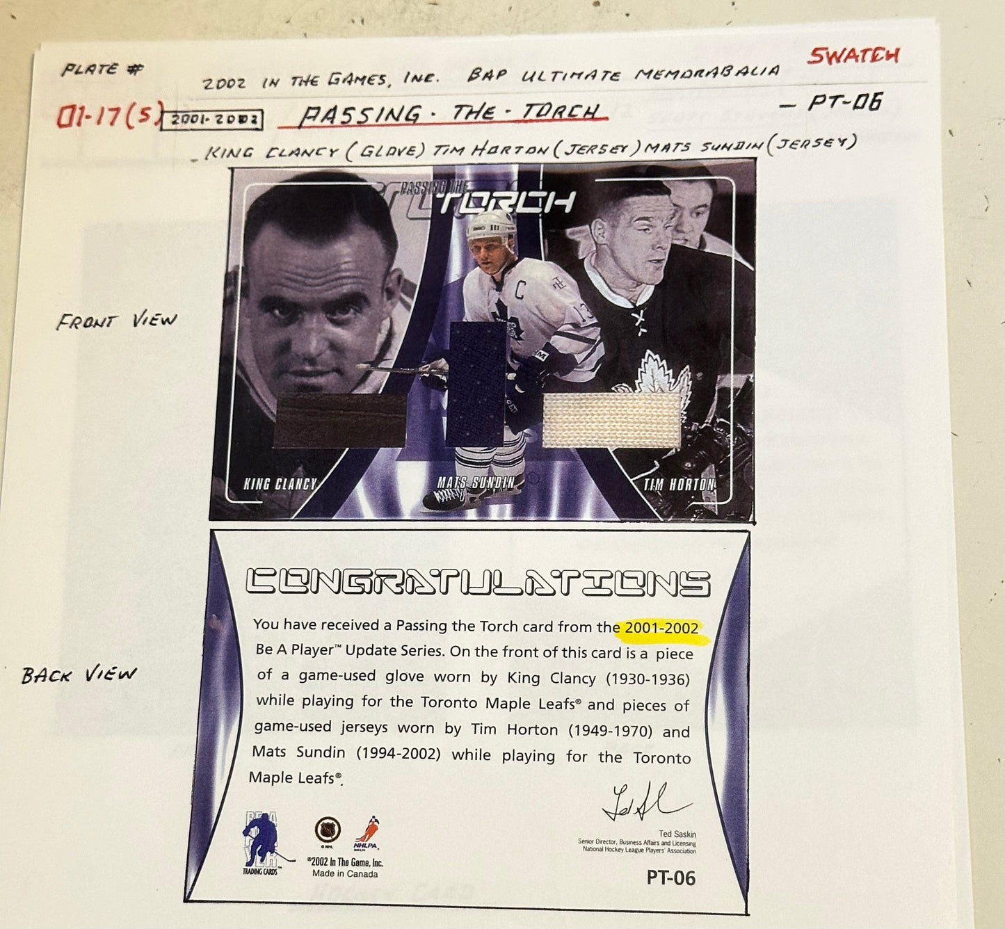 Toronto Maple Leafs Tim Horton , king Clancy, Mats Sundin rare triple memorabilia hockey insert card 2001