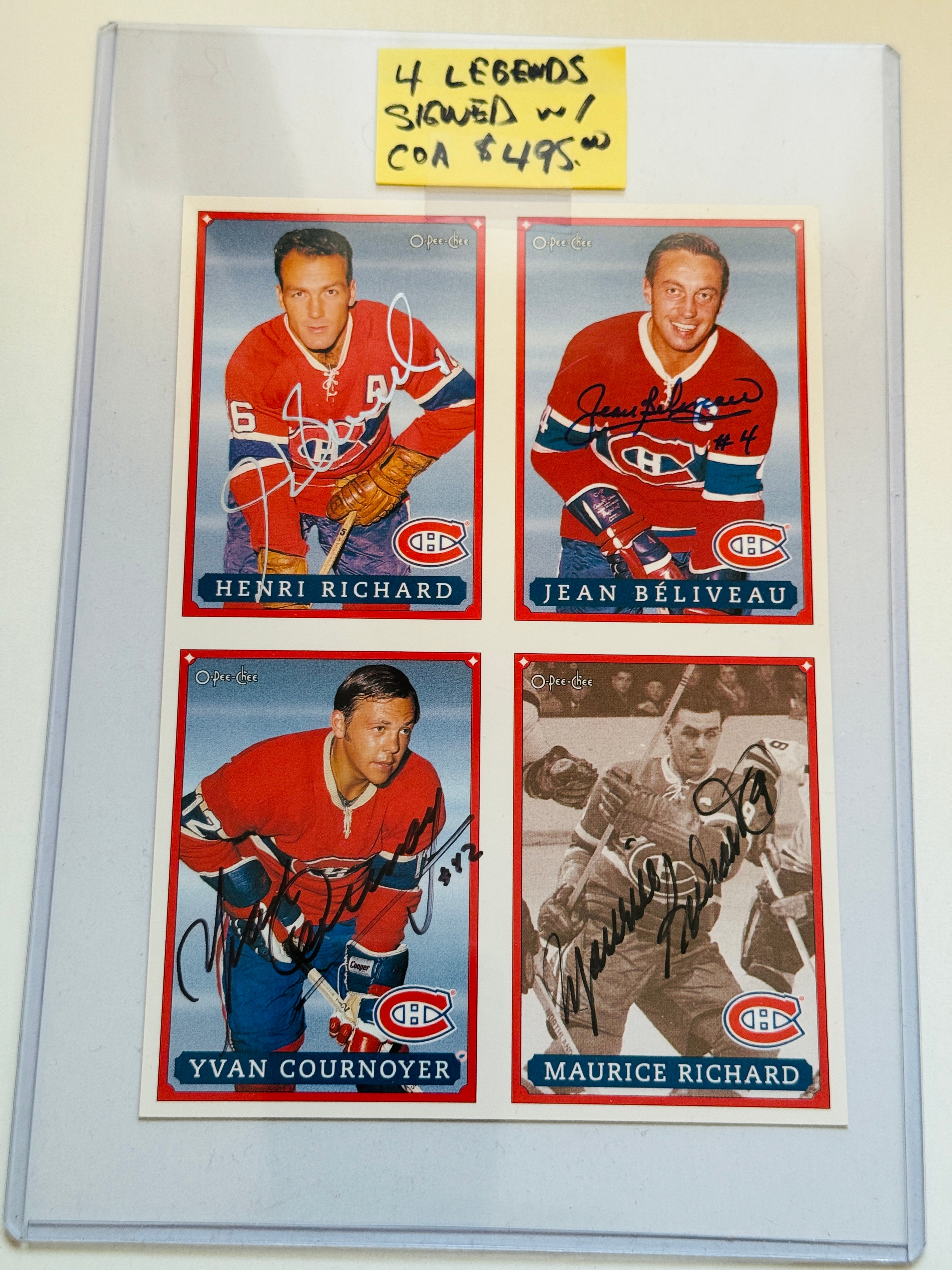 Montréal Canadiens hockey legends rare four Autographs signed Uncut Card Sheet with COA