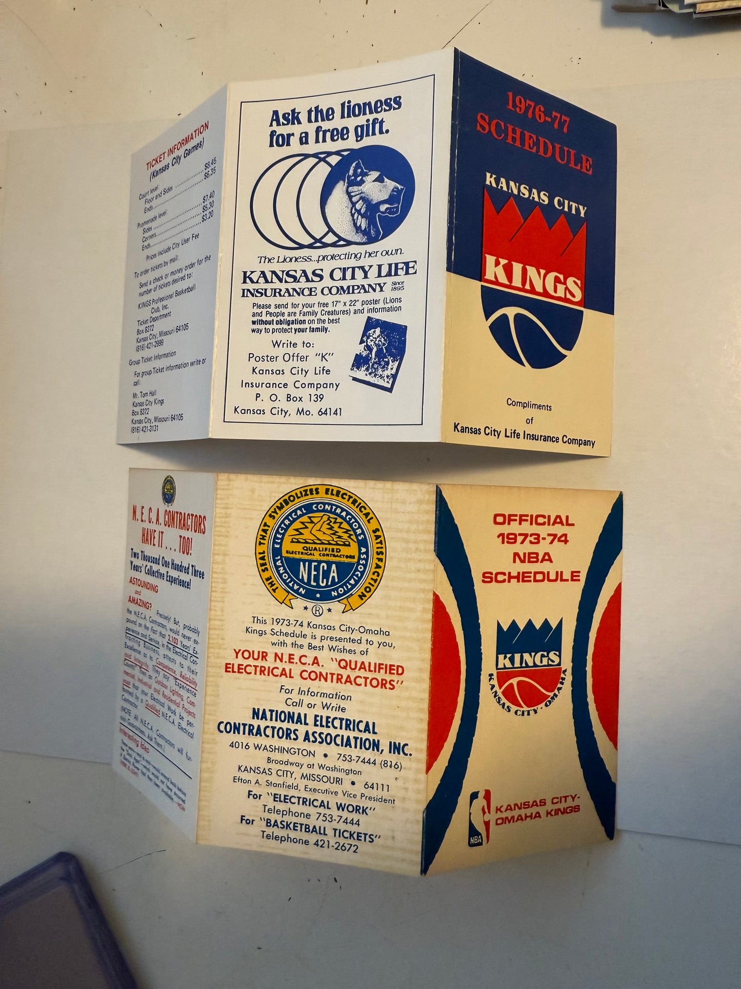 ABA rare vintage two Kansas City Kings basketball pocket schedules 1974, 1977