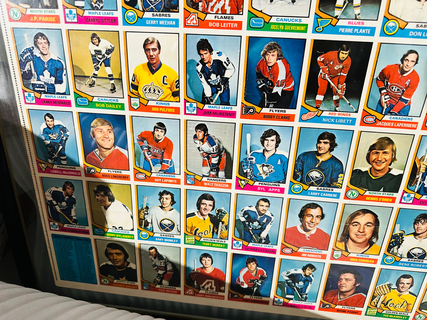 1974-75 Opc hockey uncut cards sheet framed on both sides hockey collectible