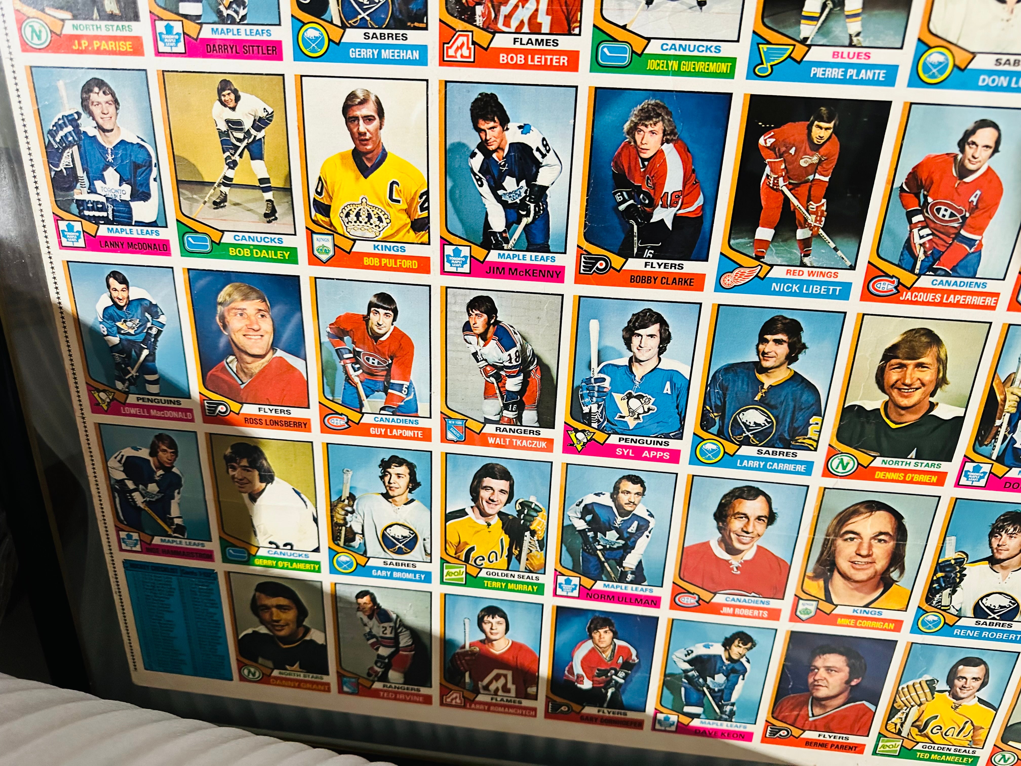 1974-75 Opc hockey uncut cards sheet framed on both sides hockey collectible