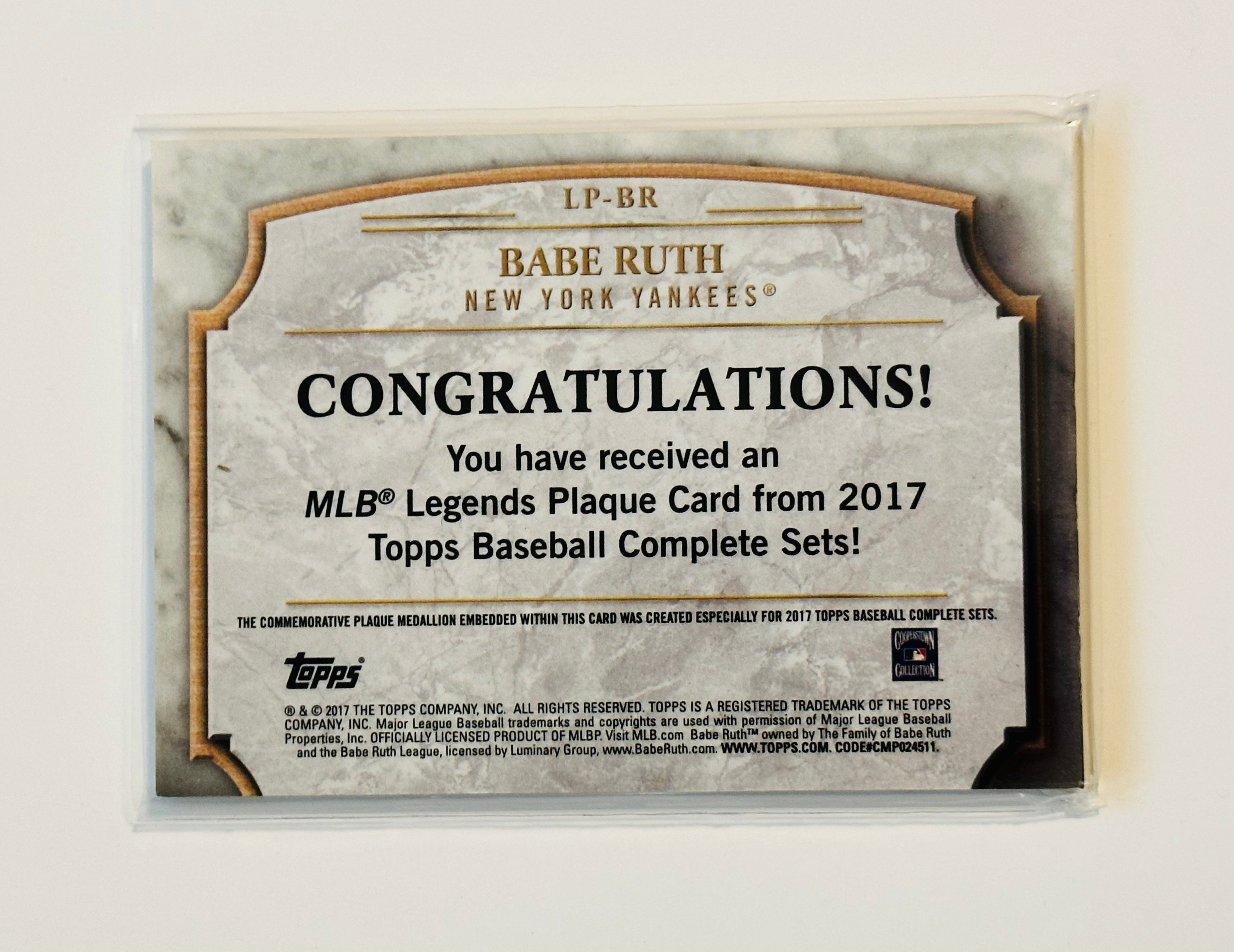 Babe Ruth Topps commerative plak insert baseball card 2017