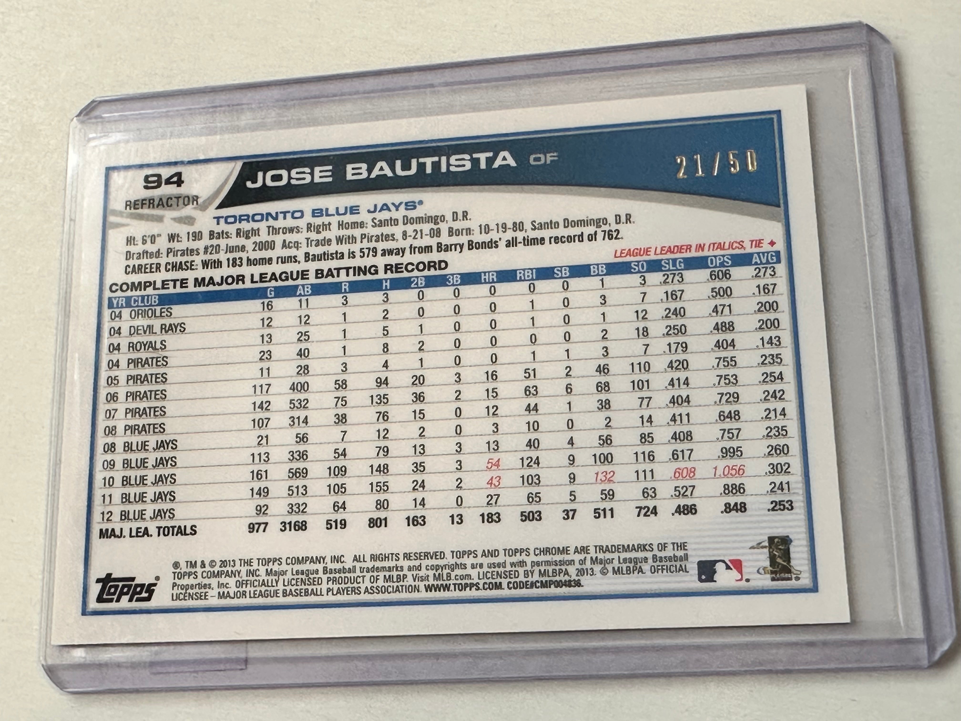 Toronto Blue Jays, Jose Bautista topps chrome numbered refractor baseball card 2013