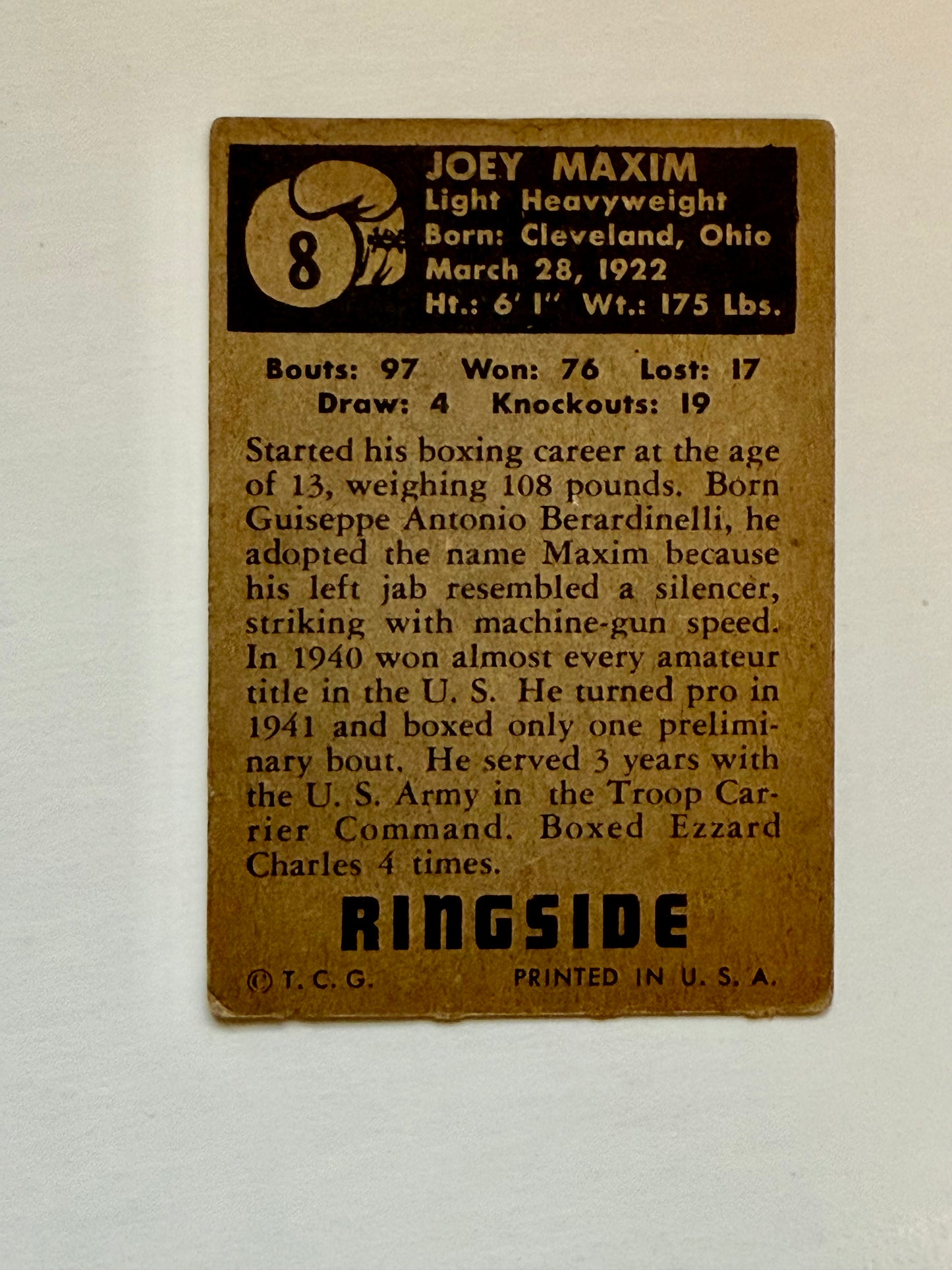 Joey Maxim Topps Ringside boxing card 1951