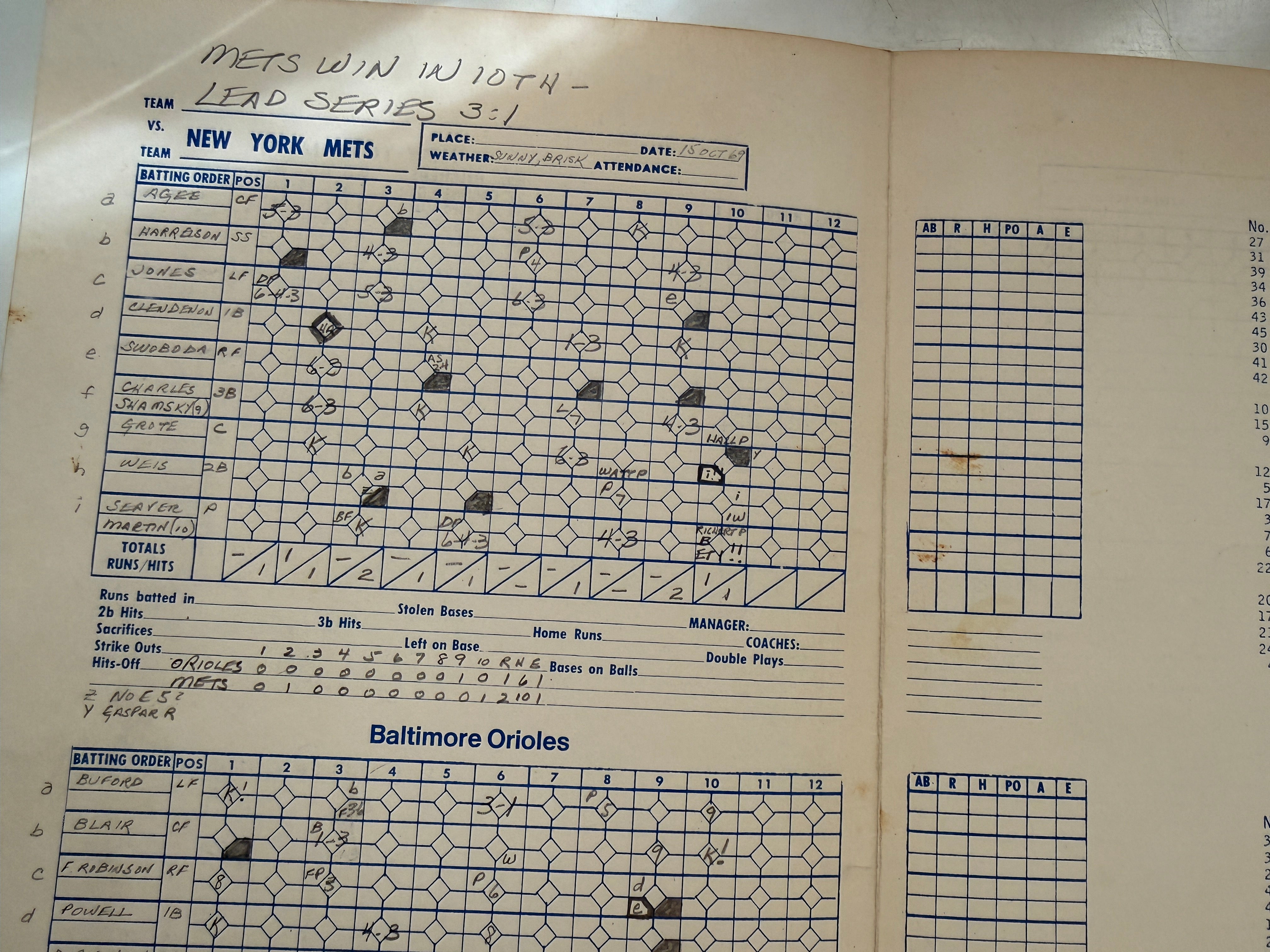 New York Mets baseball World Series rare score card 1969
