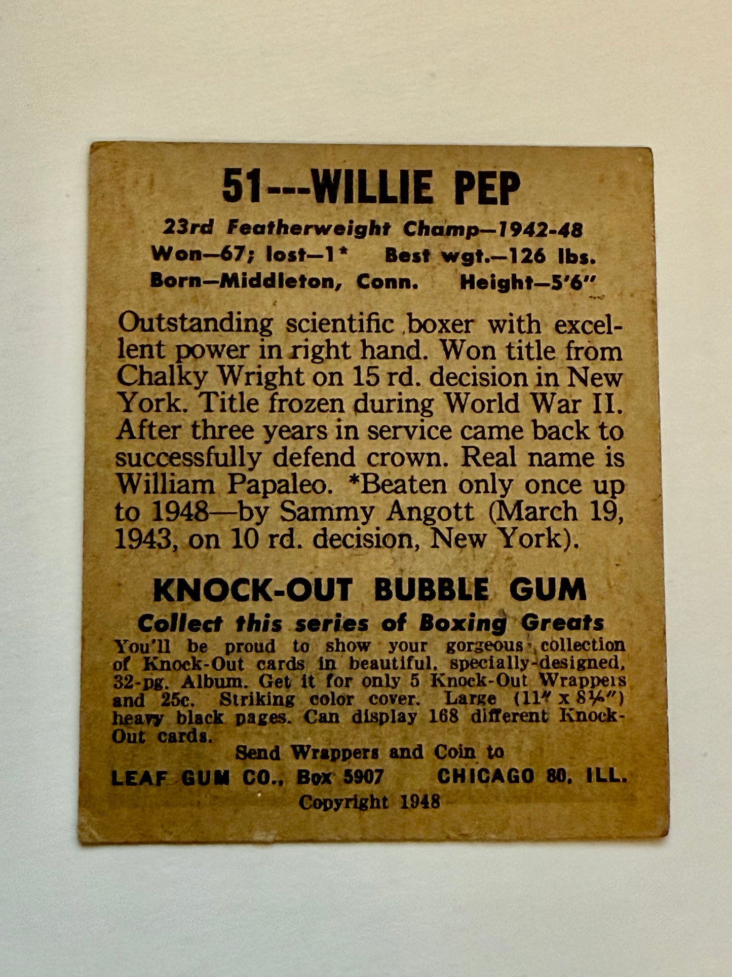 Willie pep rare vintage boxing card leaf 1948