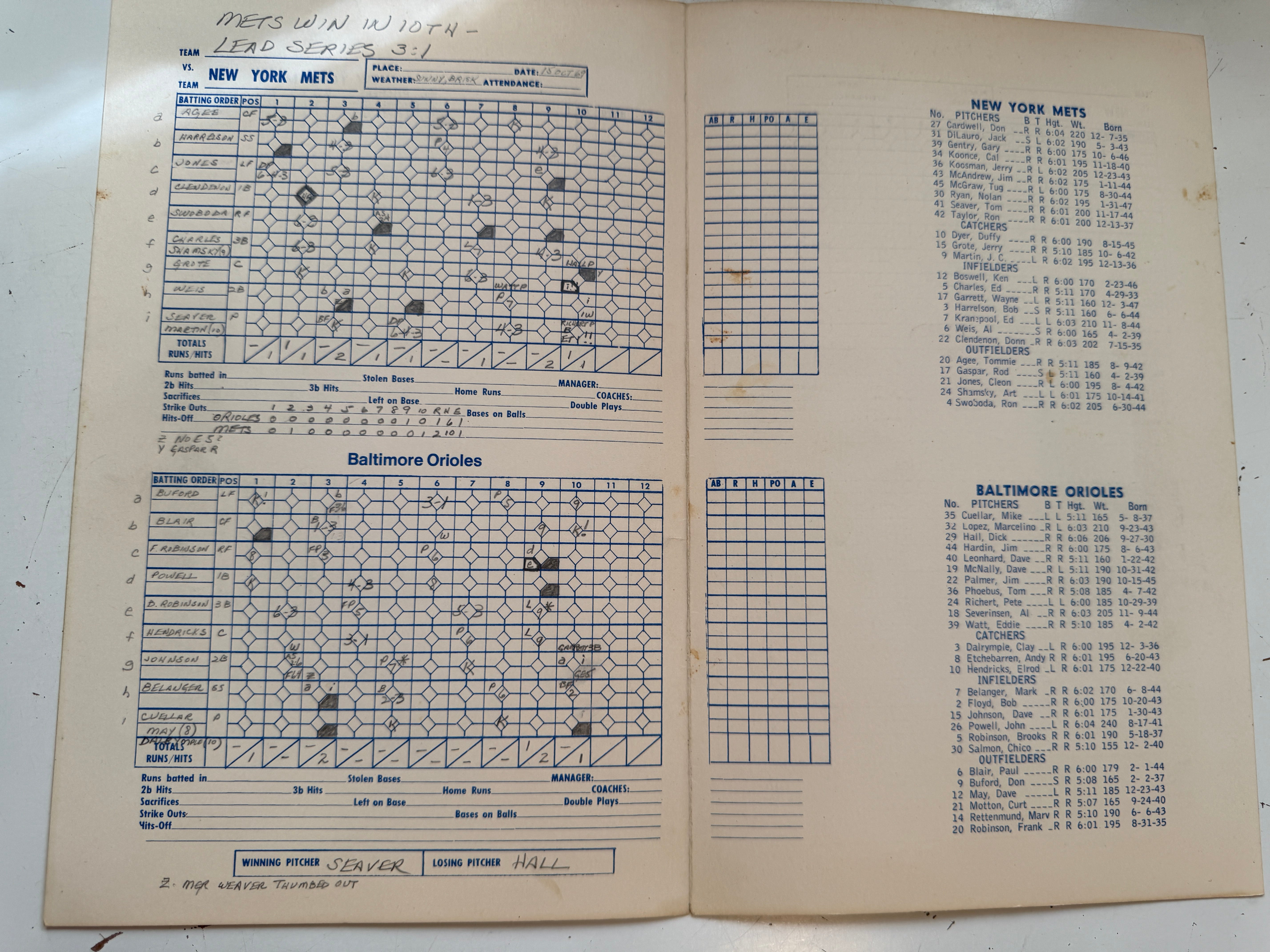 New York Mets baseball World Series rare score card 1969