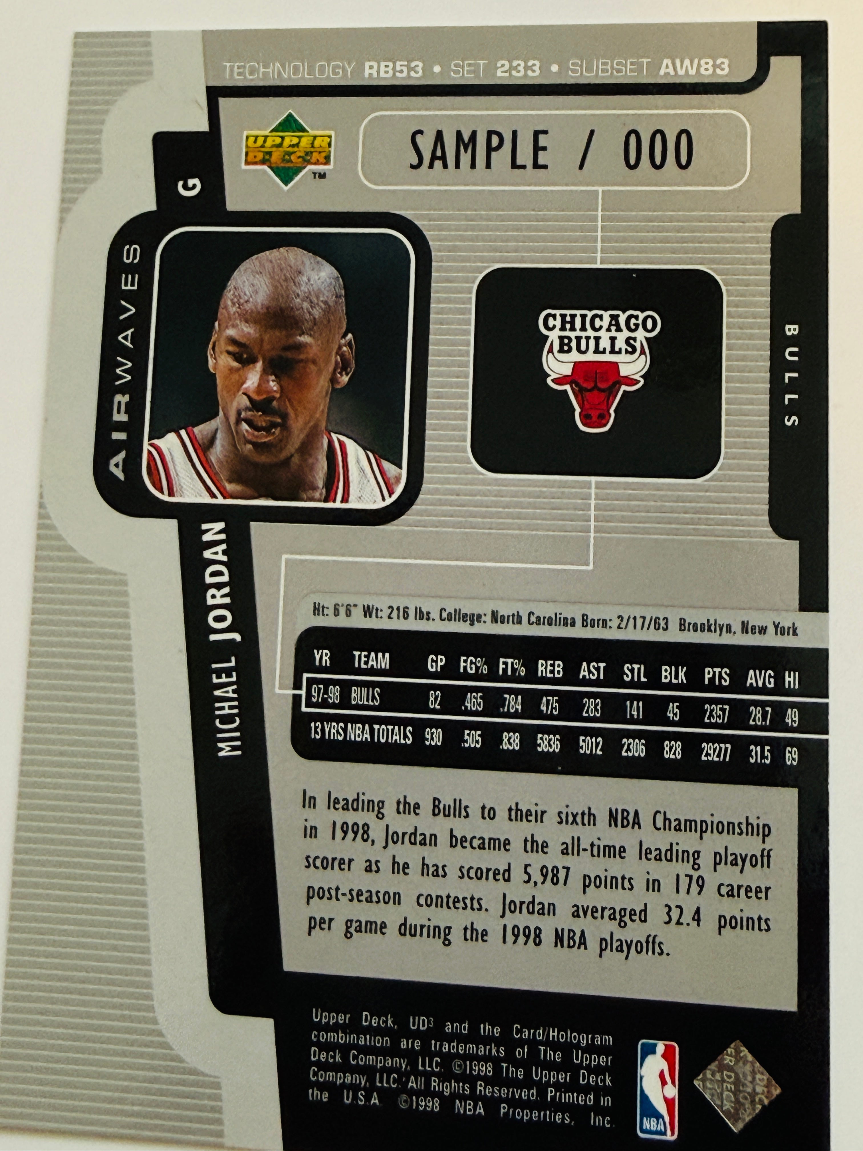 Michael Jordan Upper Deck, UD3 rare sample promo basketball card 1998