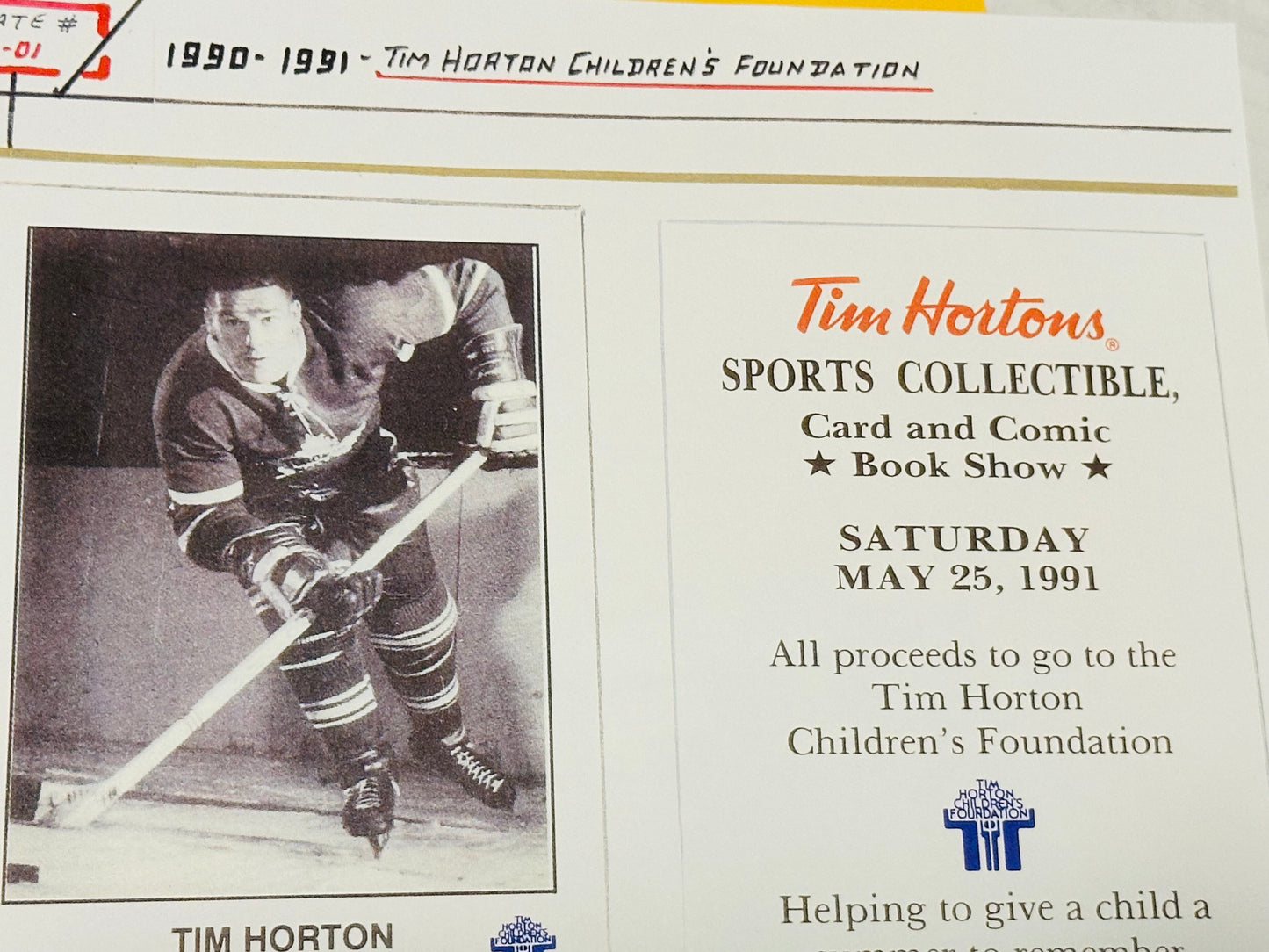 Tim Hortons Children’s foundation hockey card 1991