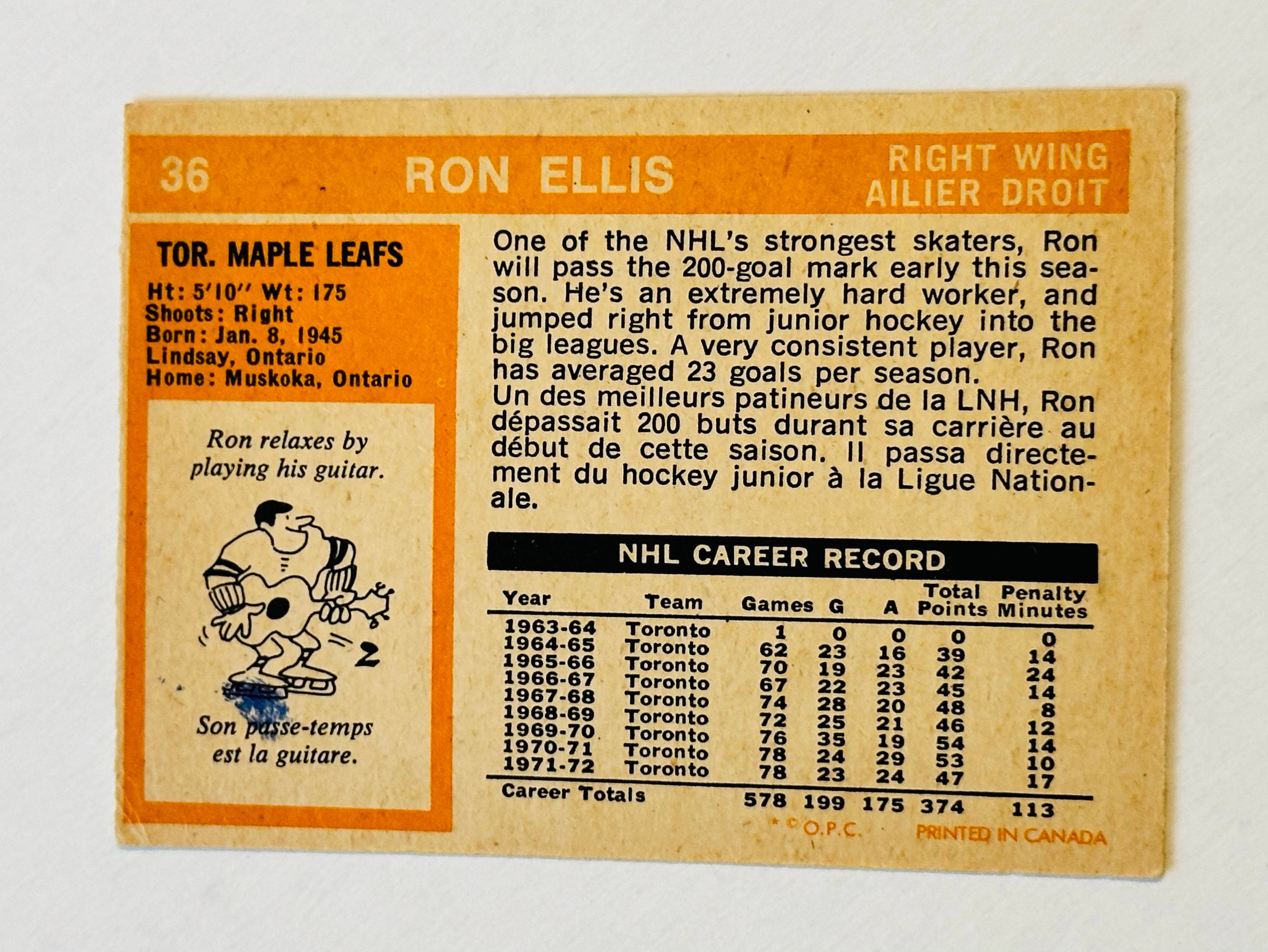 Ron Ellis autographed vintage opc hockey card sold with COA