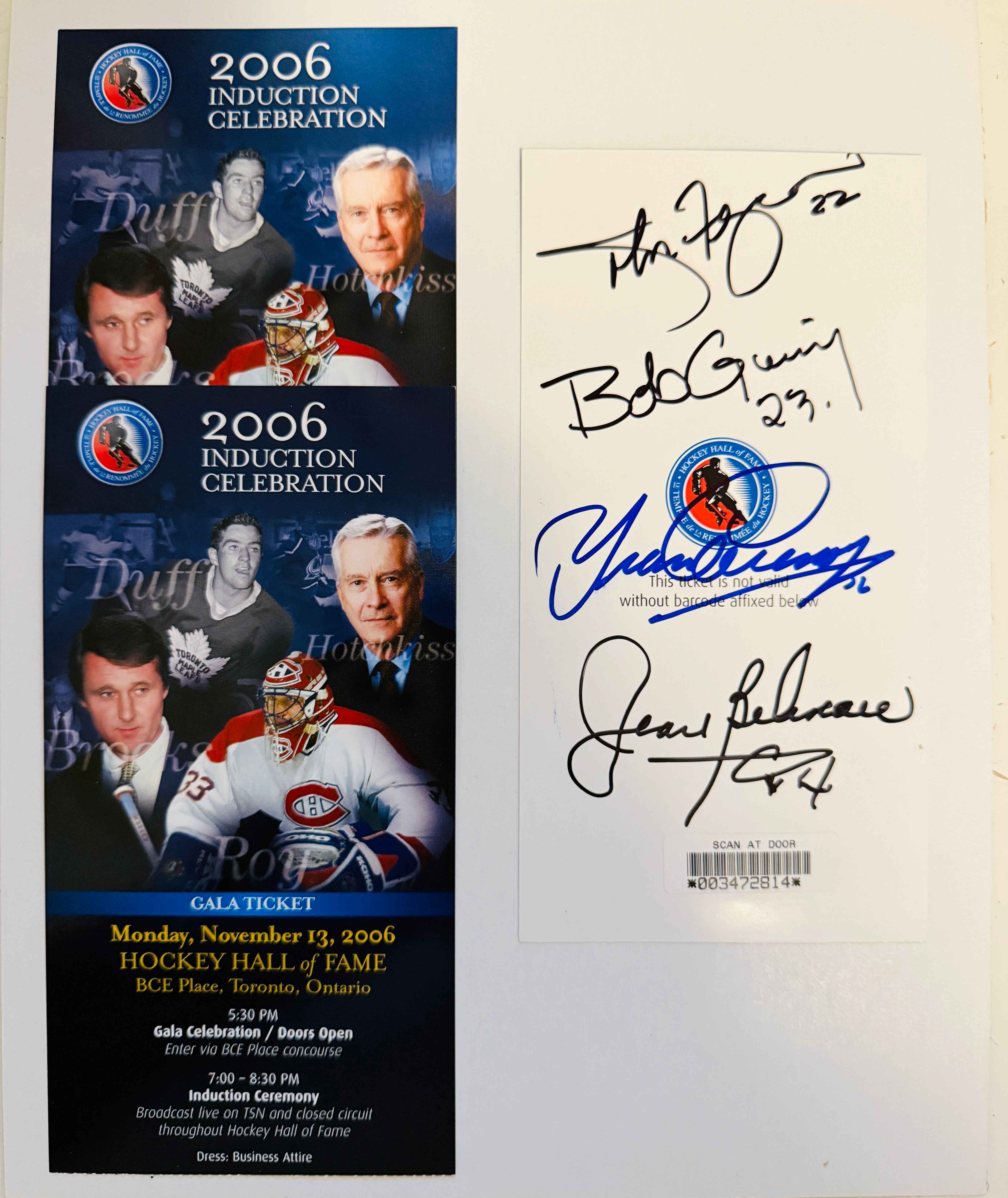 Hockey Hall of Fame rare 4 autographs in person induction signed ticket ; Beliveau, Cournoyer, Gainey and Ferguson with COA.