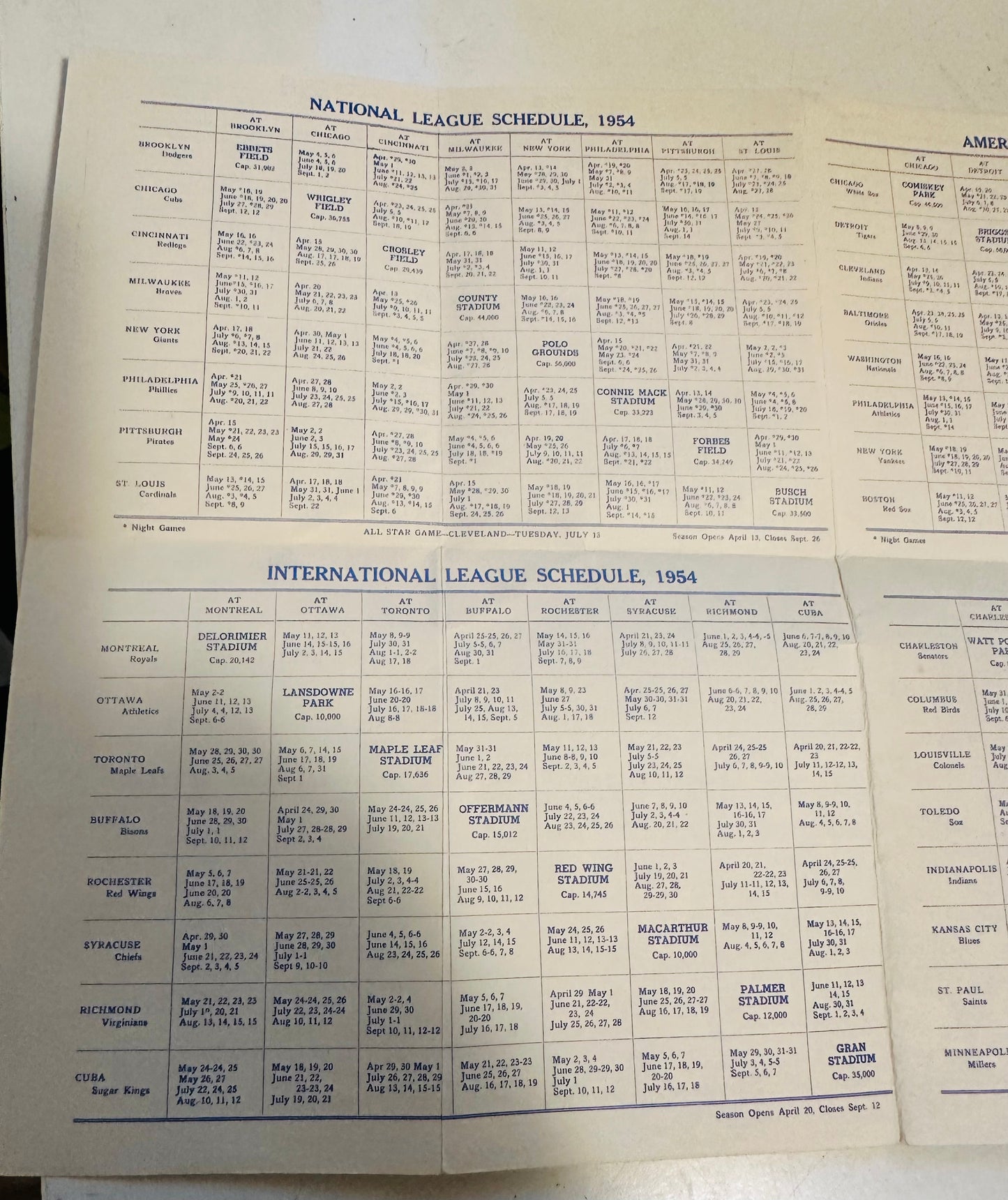 1954 baseball schedule booklet