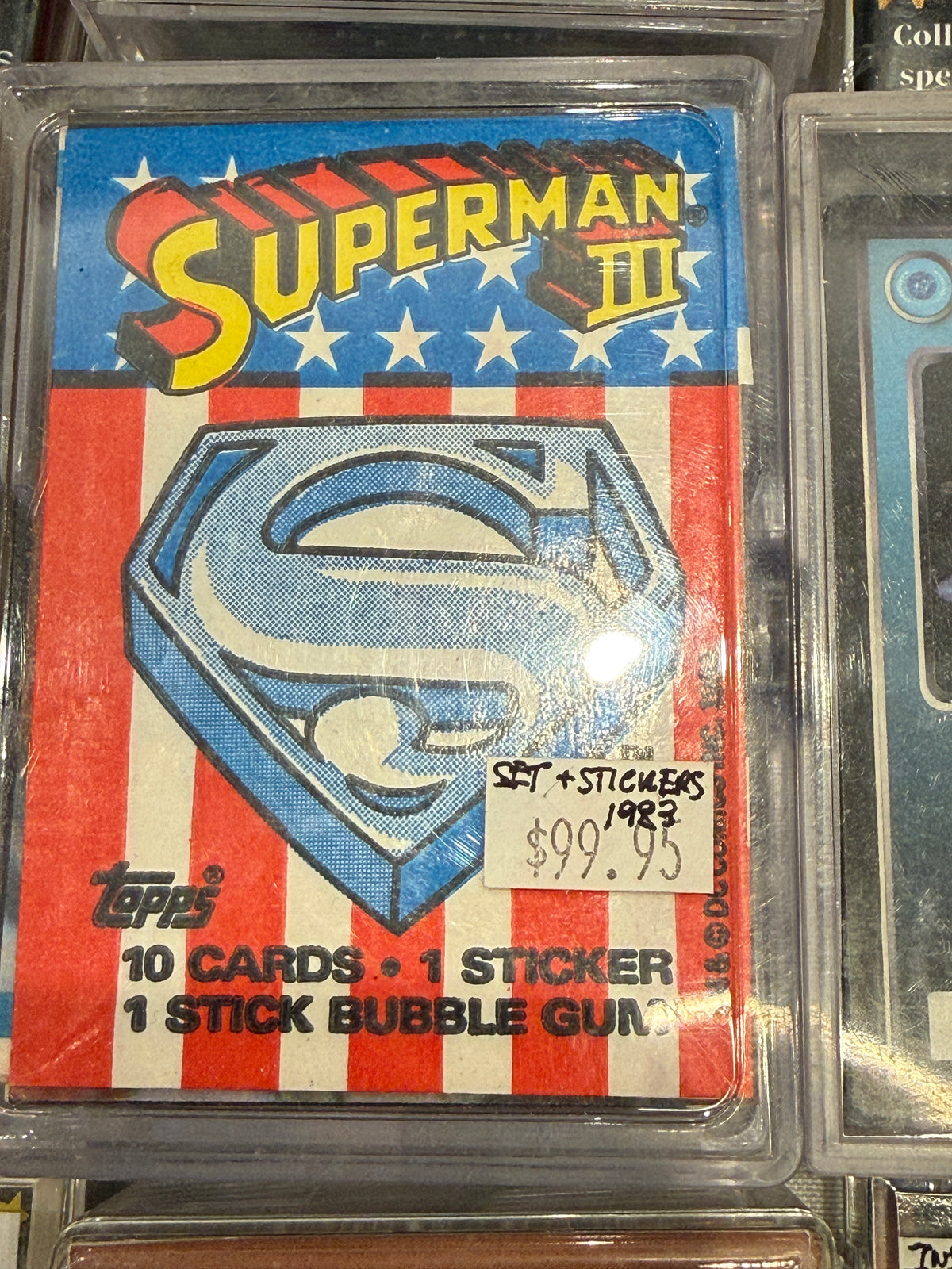 Superman, three movie cards and stickers set with wrapper 1983