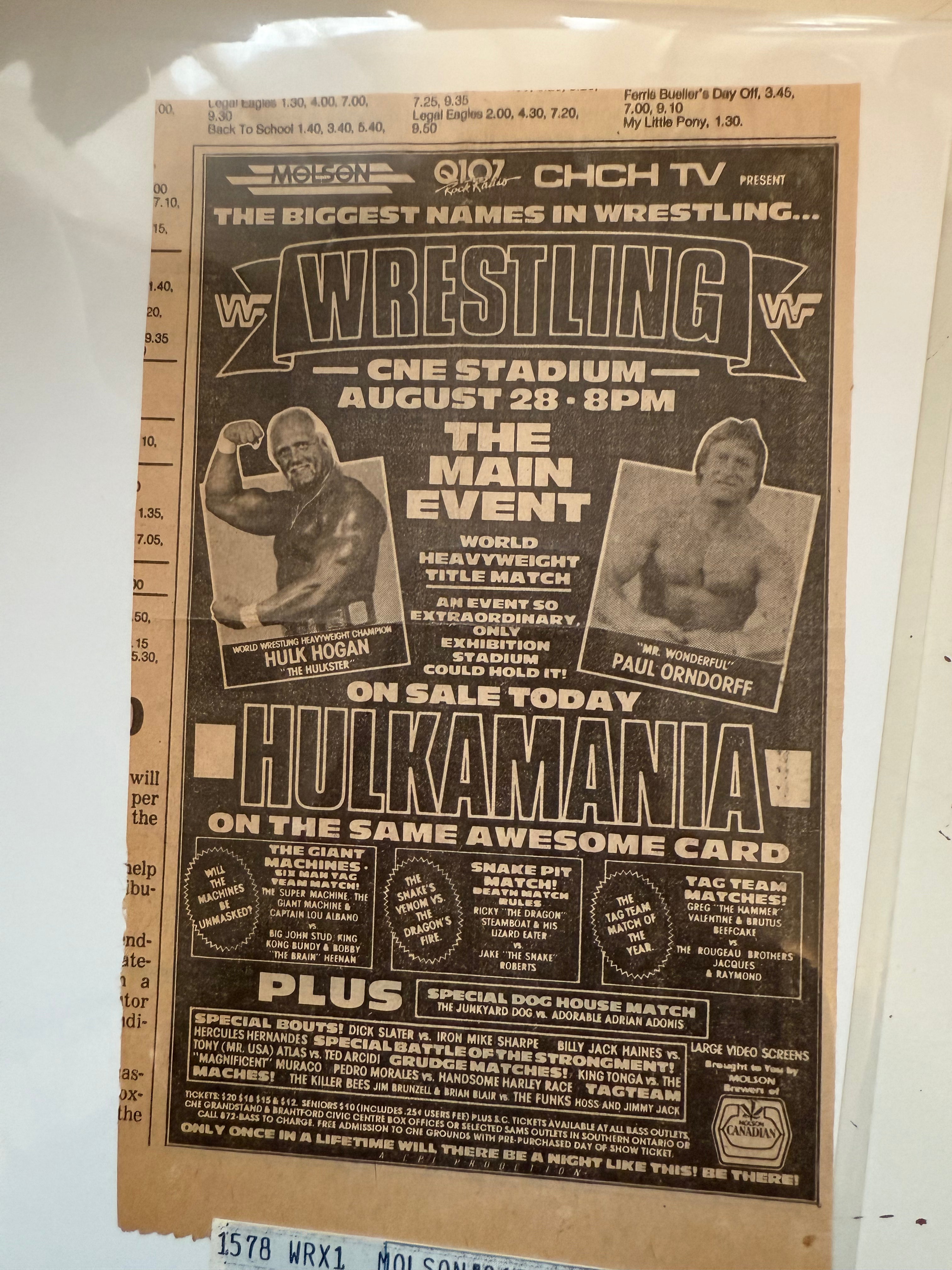 Wrestling event, rare vintage clipping and original ticket 1986