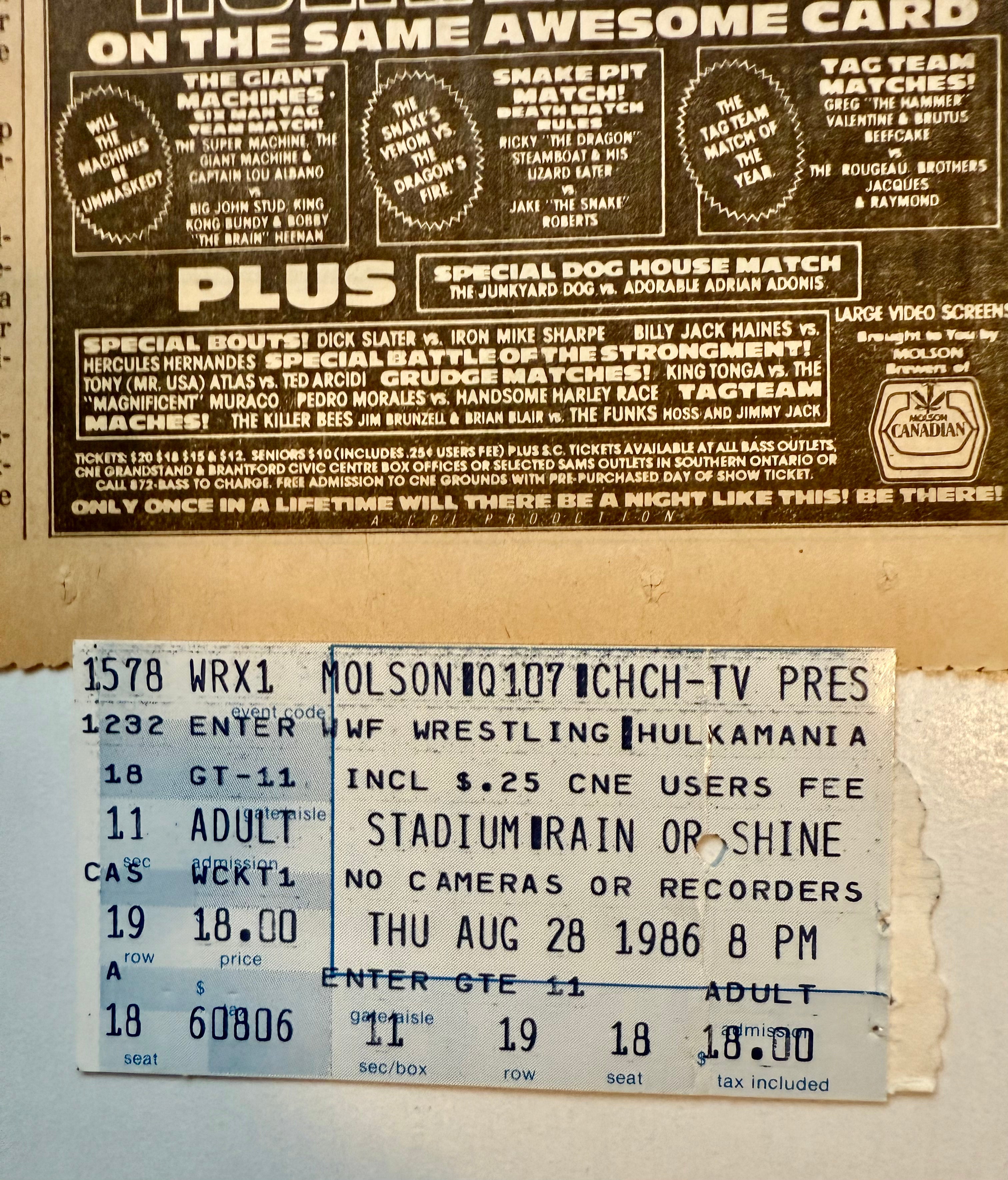 Wrestling event, rare vintage clipping and original ticket 1986