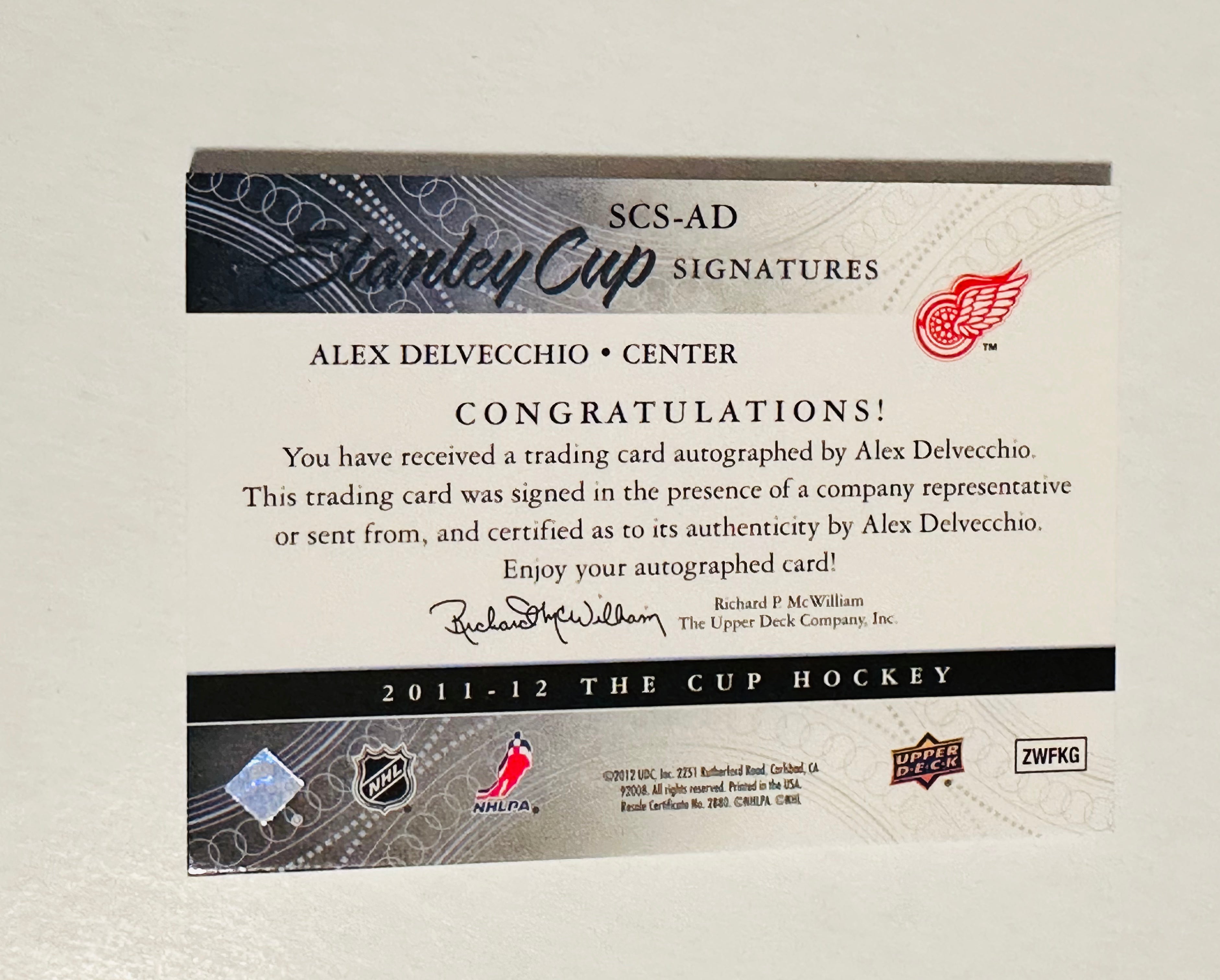 Alex Delvecchio numbered autograph insert card