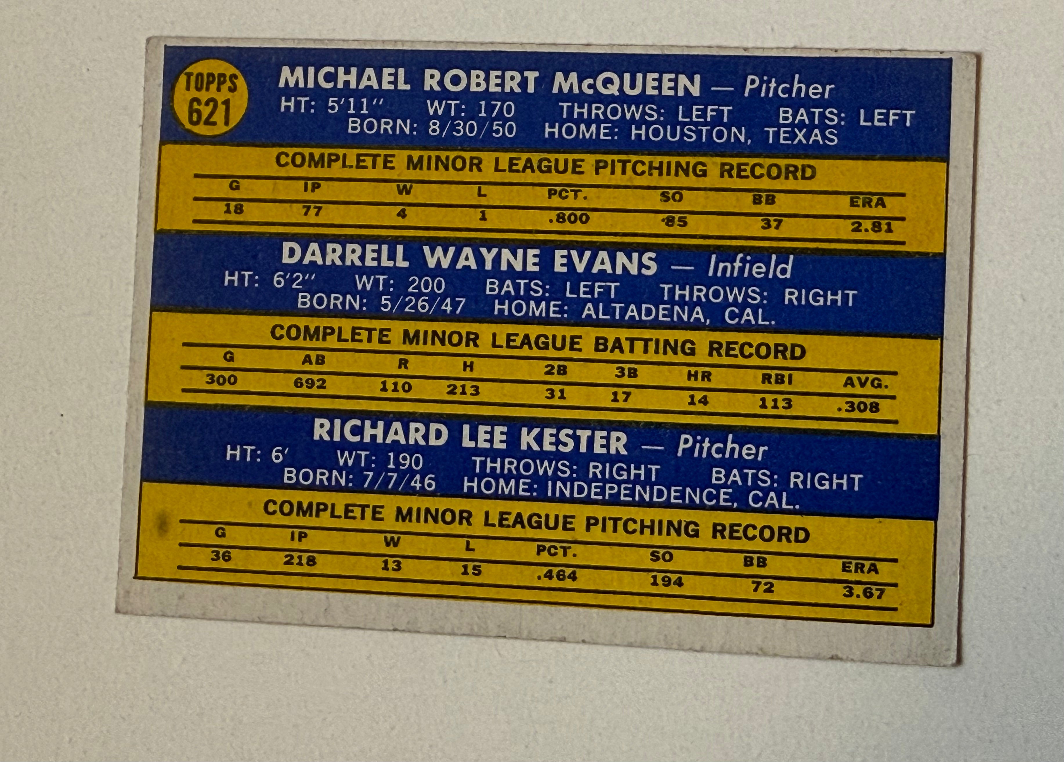 Darrell Evans high grade condition baseball rookie card 1970