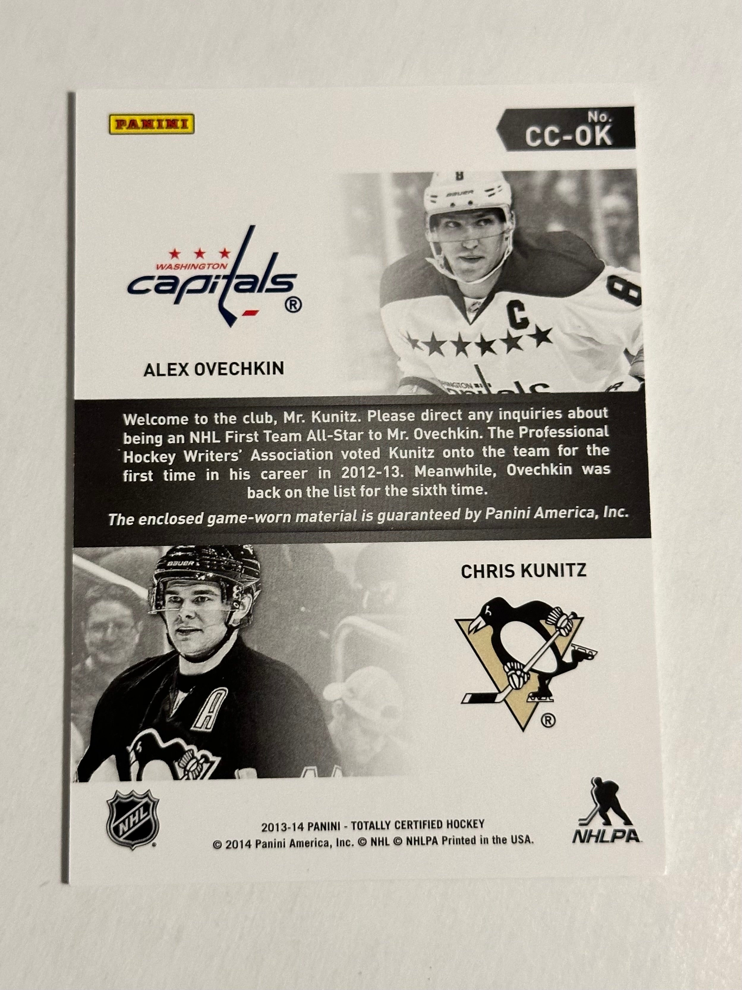 Alexander Ovechkin and Chris Kunitz hockey memorabilia insert card 2013-2014