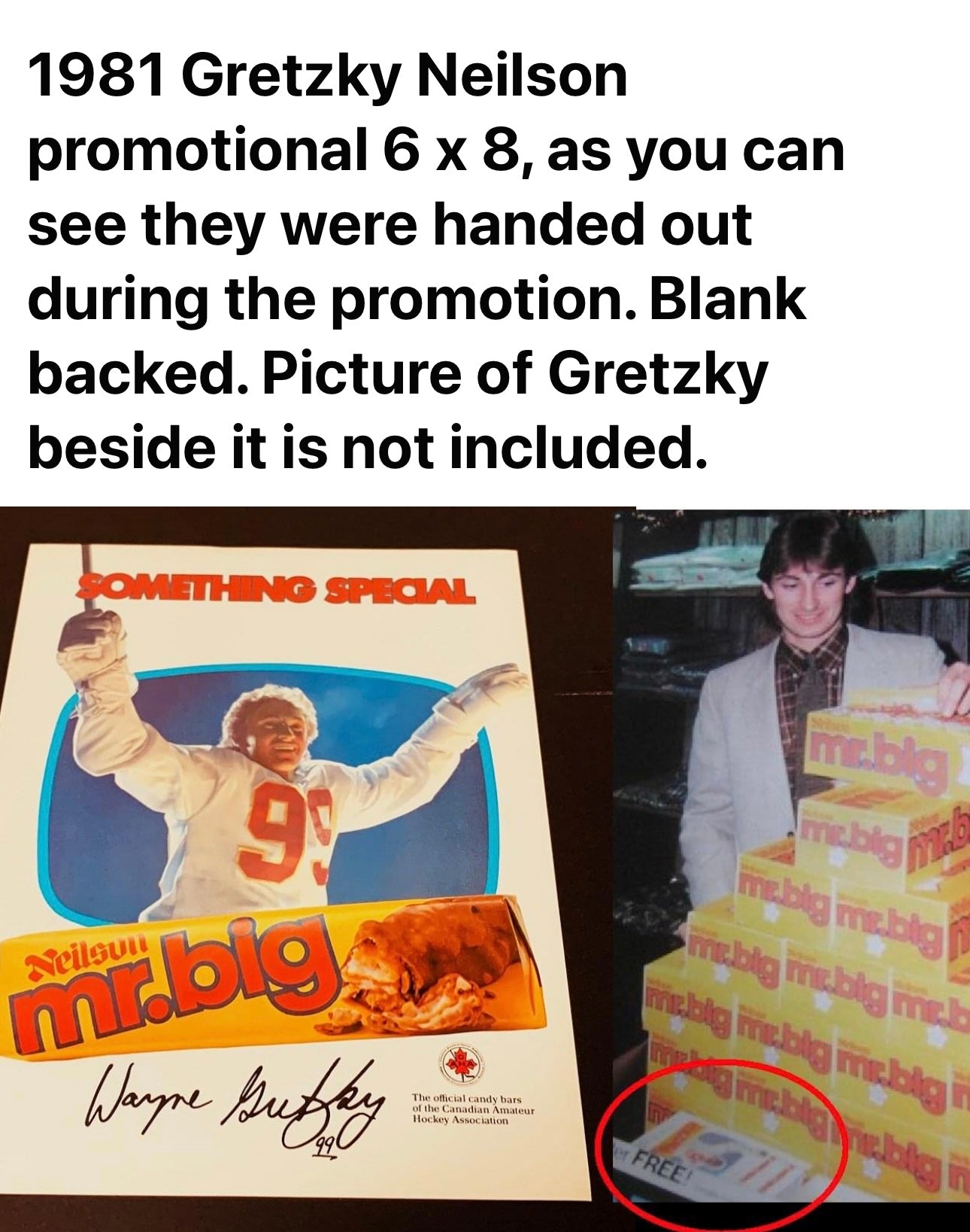 Wayne Gretzky Mr. Big rare press proof cardboard 8x10 size ad 1980s. Look at the second pic of Gretzky back in 1980s doing this promotion! Cool.