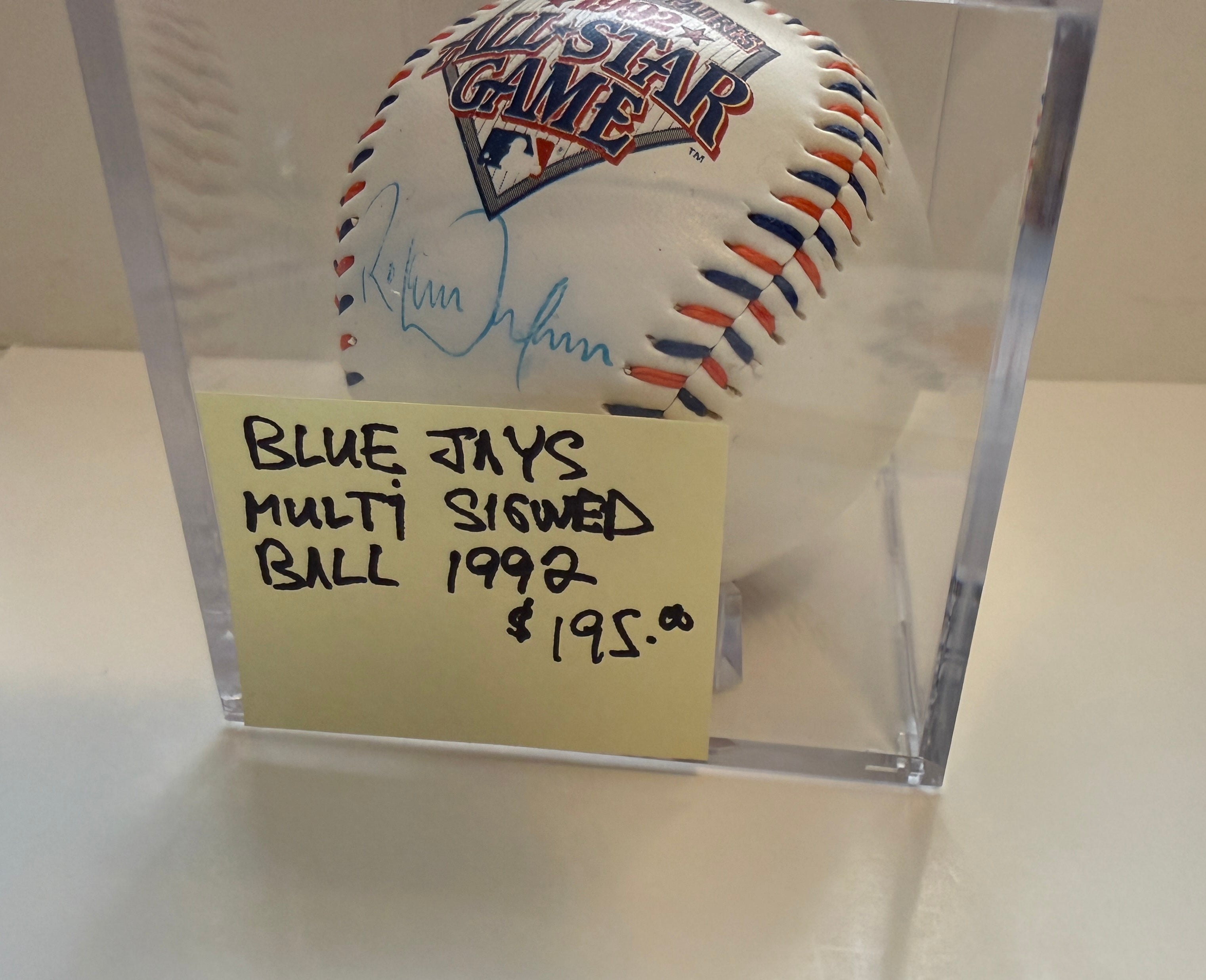1992 All-Star game sign ball by Joe Carter, Roberto Alamar, and Juan, Guzman in ball cube certified