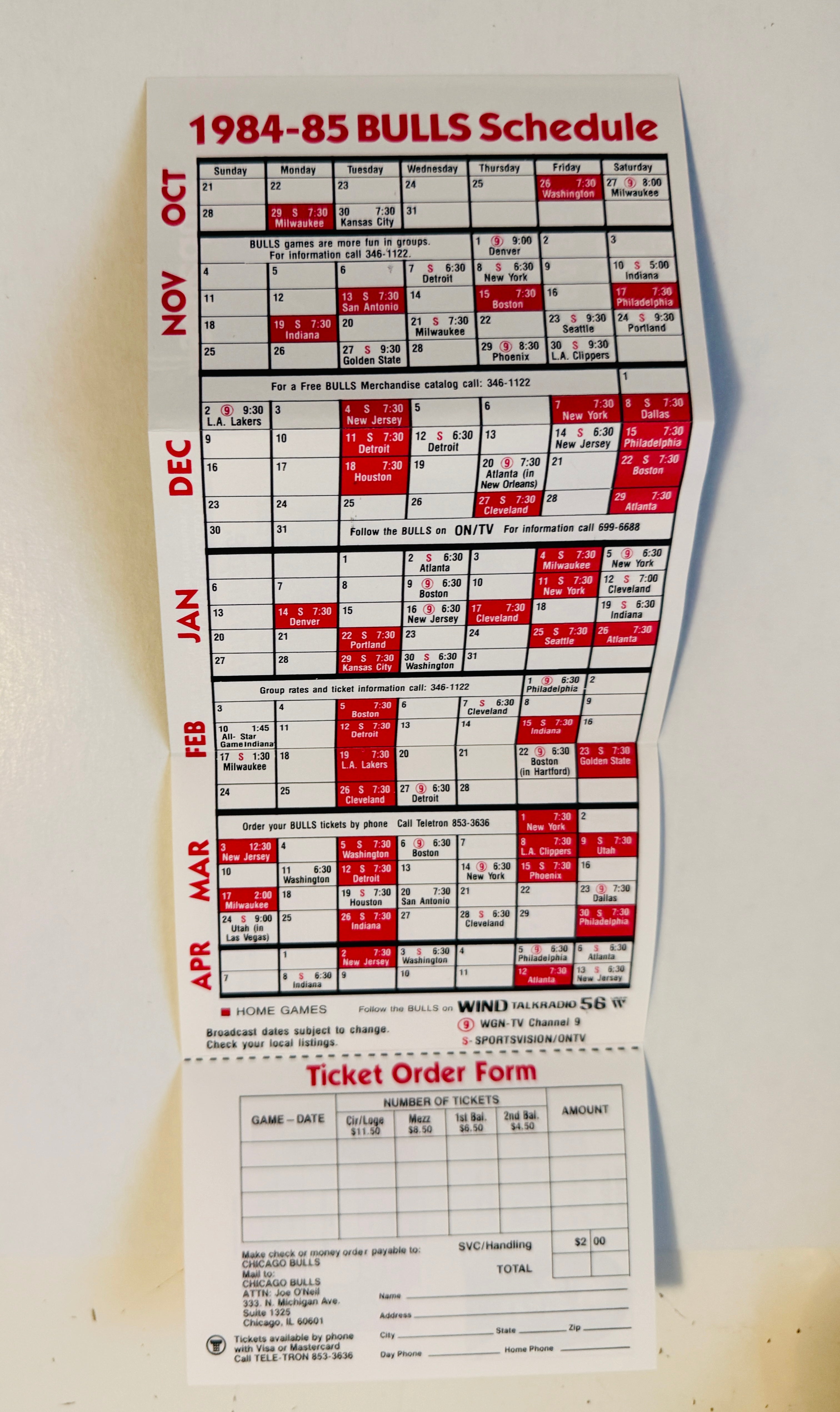 1984/85 Michael Jordan rookie Chicago Bulls rare pocket schedule