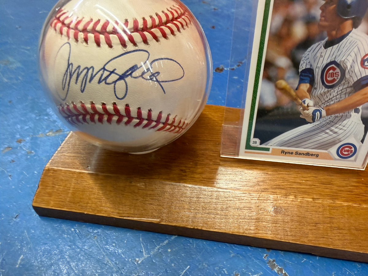 Ryne Sandberg rare autographed baseball with card display . Sold with COA