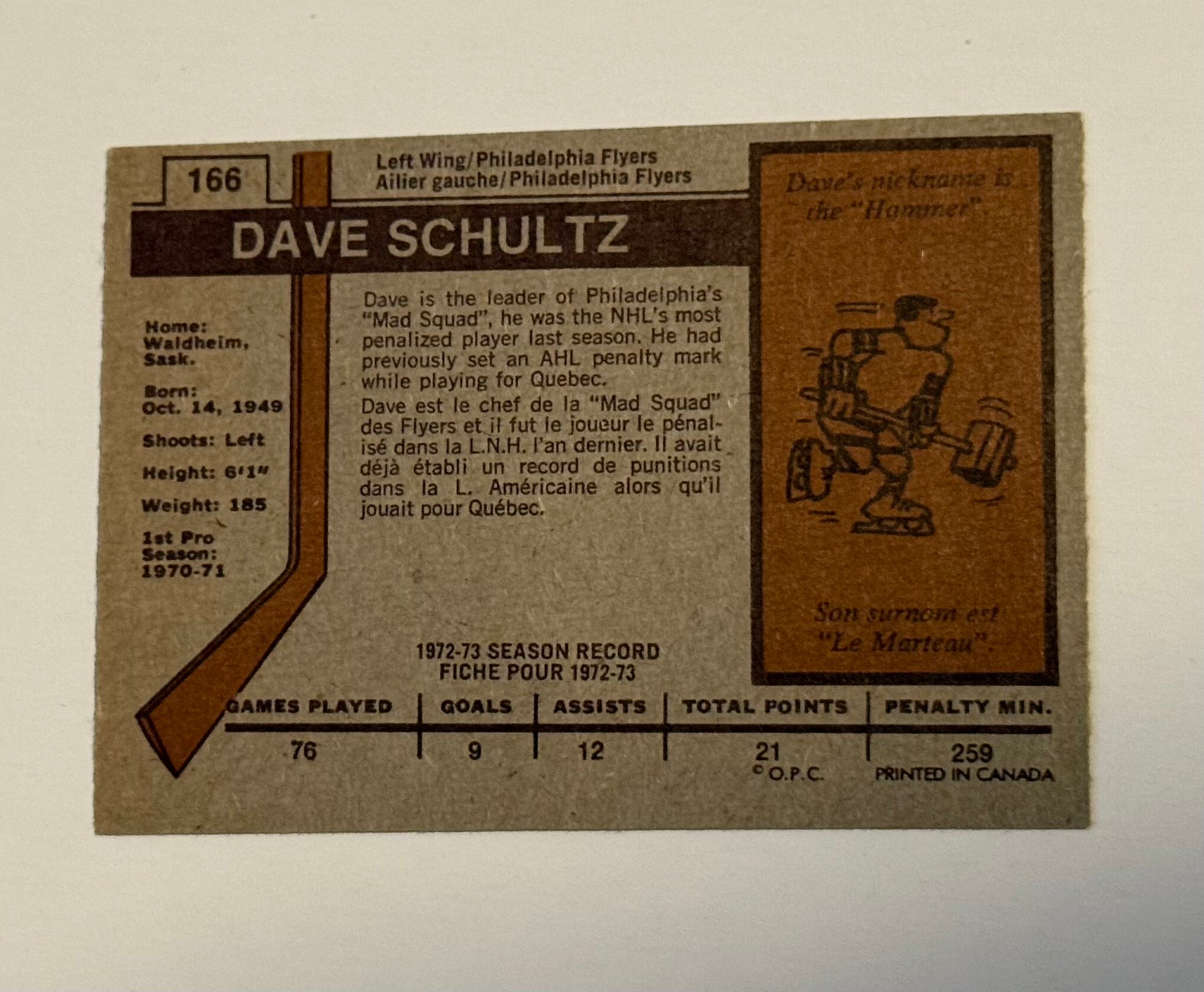 Dave Schultz opc high grade hockey rookie card 1973-74