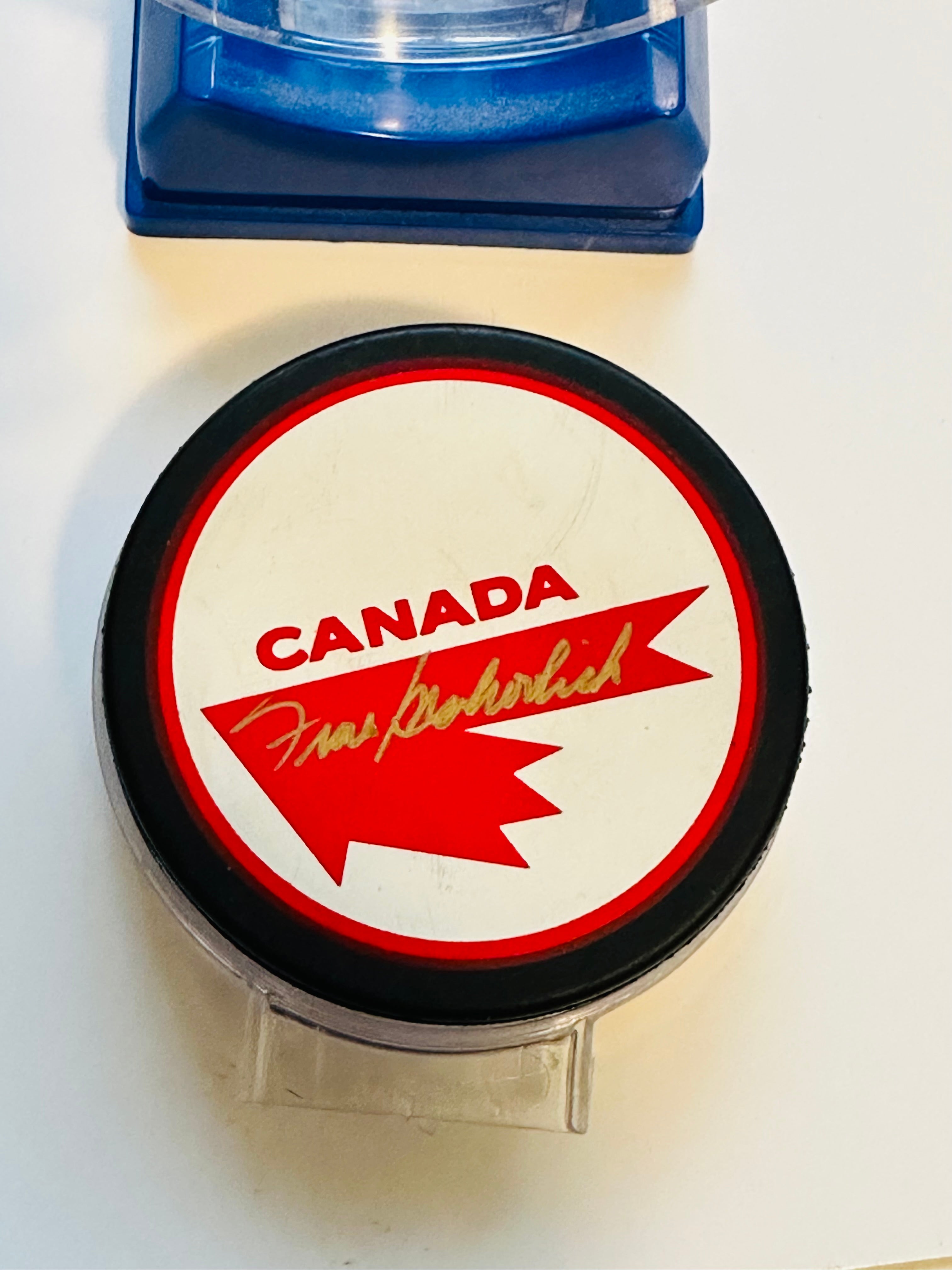 Team Canada Frank Mahovlich autograph puck with holder and COA