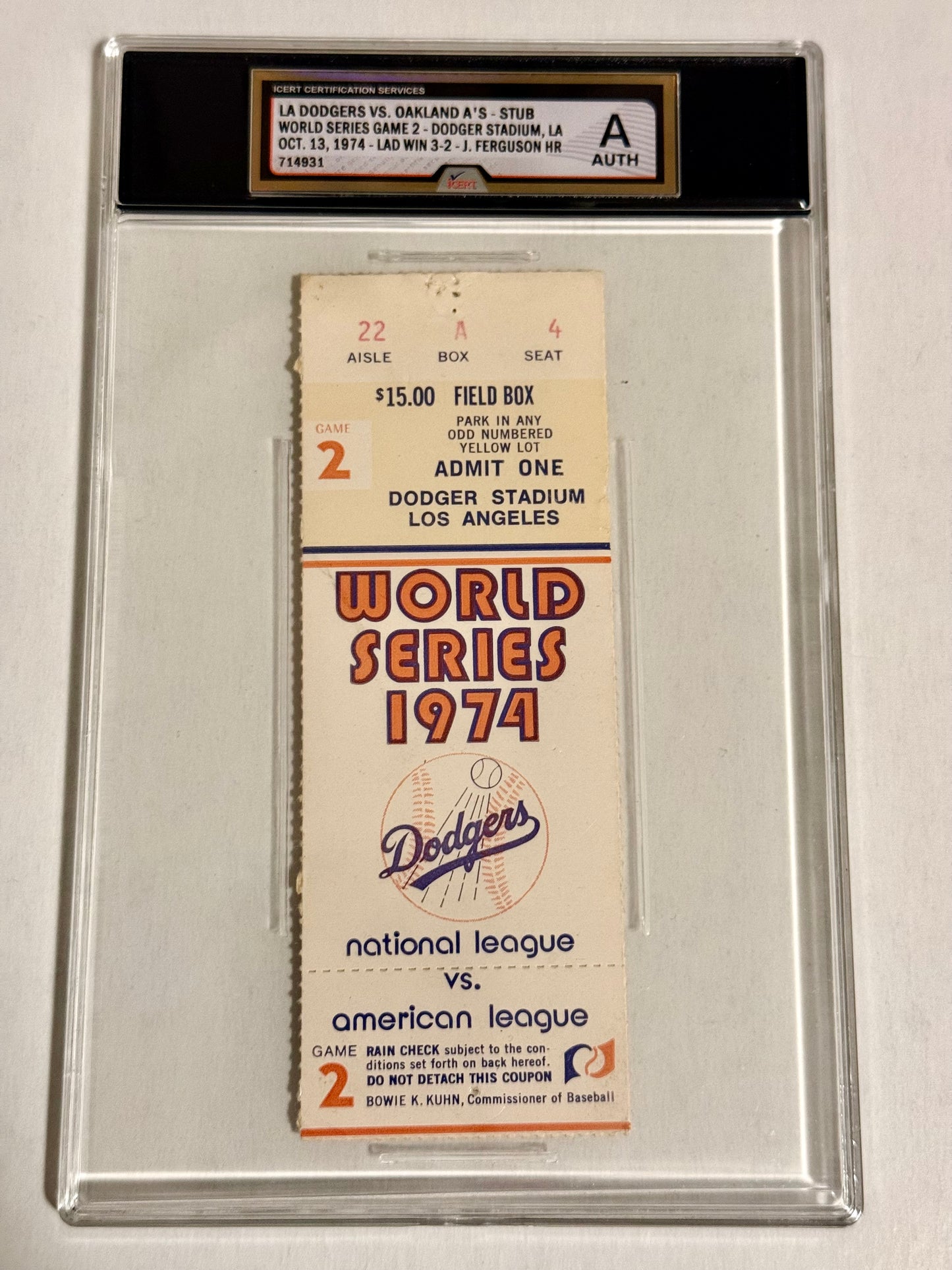 World Series baseball ticket game two graded 1974