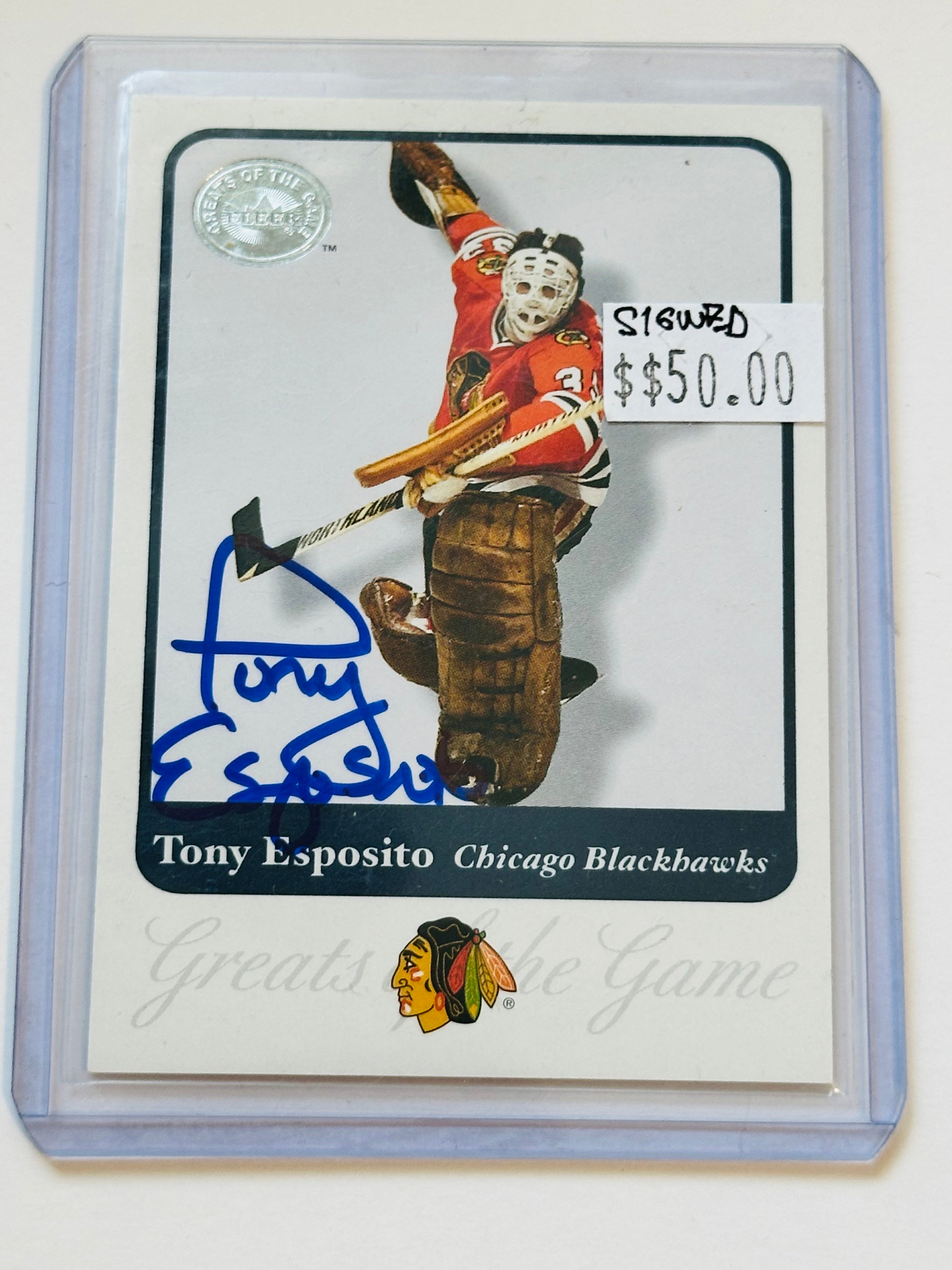 Tony Esposito goalie hockey, legend autograph in person card sold with certificate of authenticity ￼
