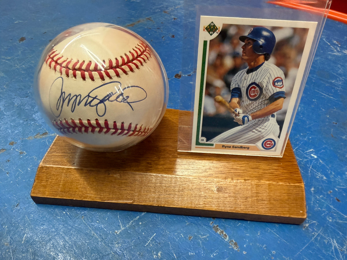 Ryne Sandberg rare autographed baseball with card display . Sold with COA