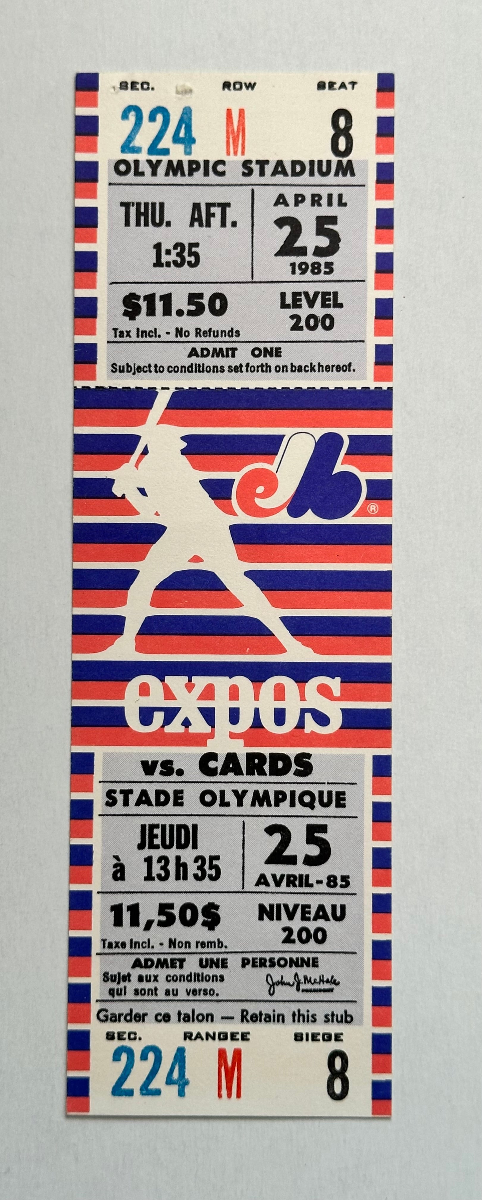 1985 Montreal expos full vintage baseball game ticket