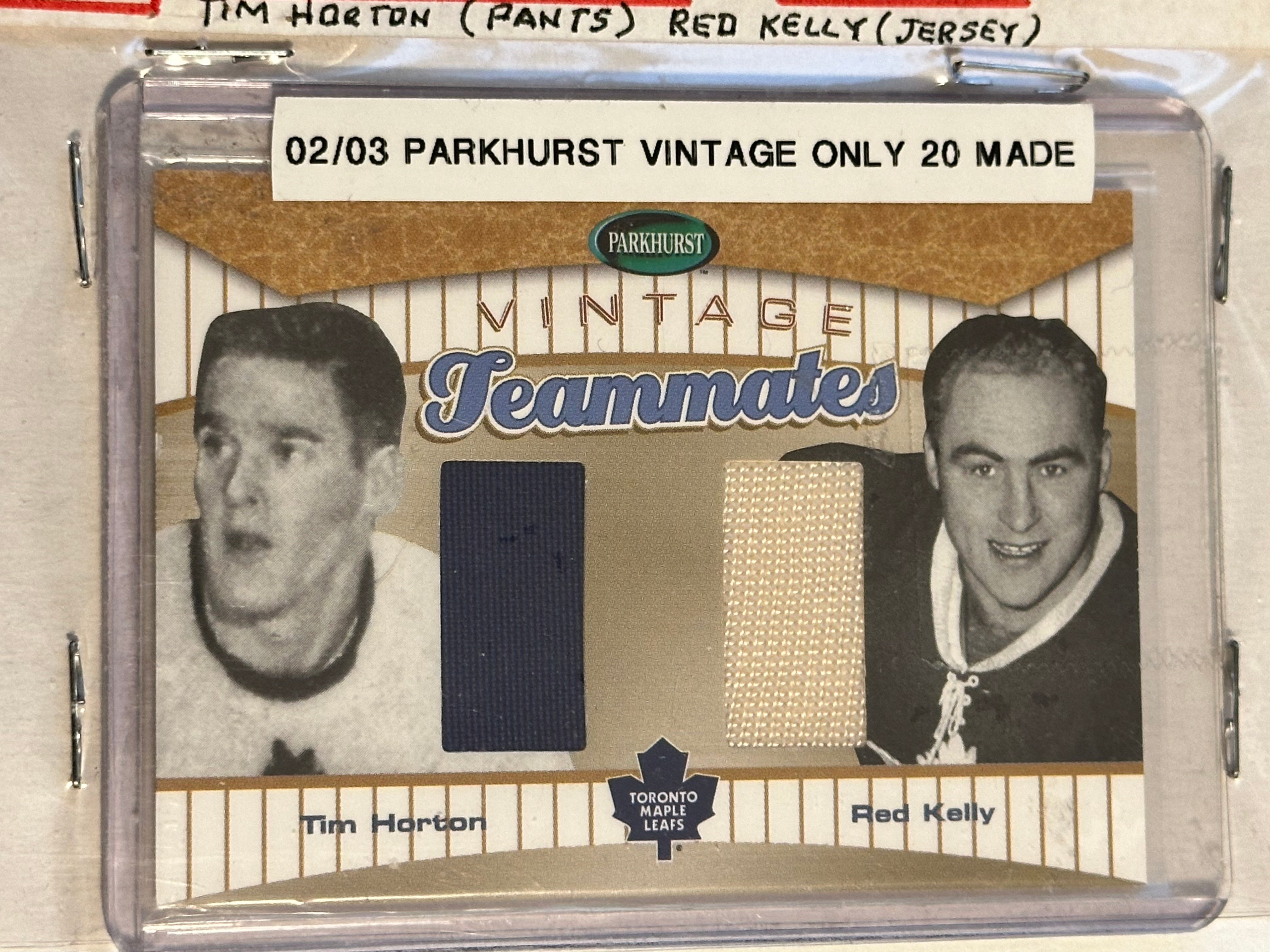 Tim Horton and Red Kelly rare double memorabilia hockey insert card 2002/03 (only 20)