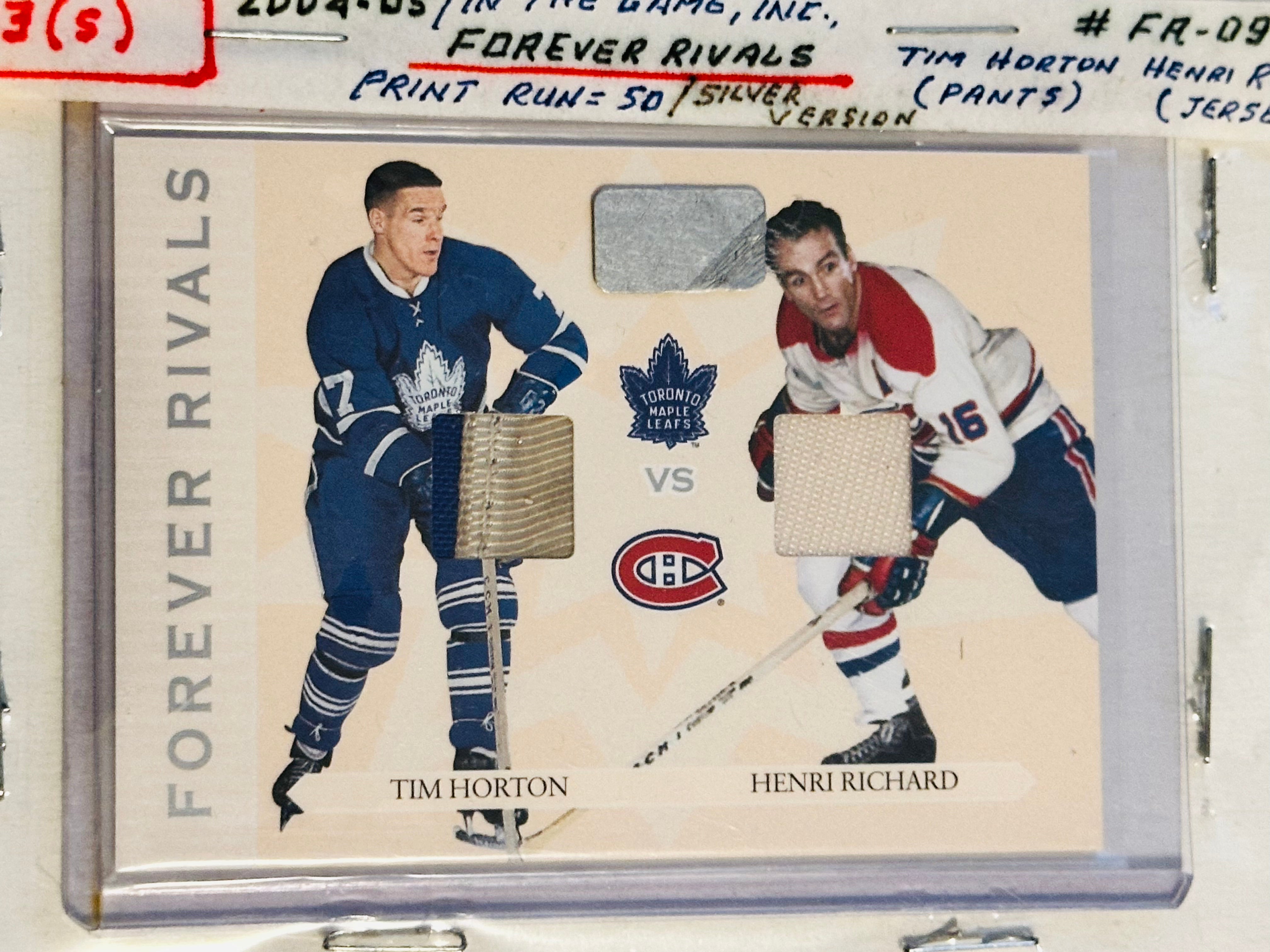 Tim Horton and Henri Richard rare Triple hockey memorabilia insert card 2004