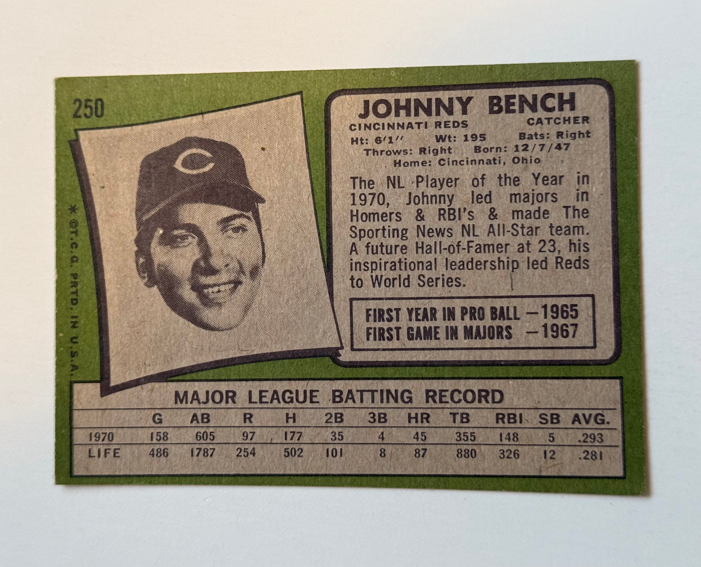 1971 Topps Johnny bench high grade condition, baseball card