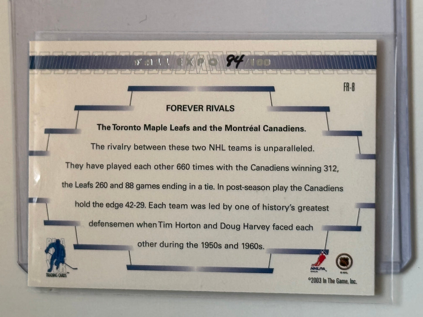 Tim Horton forever rivals hockey insert card 84/100