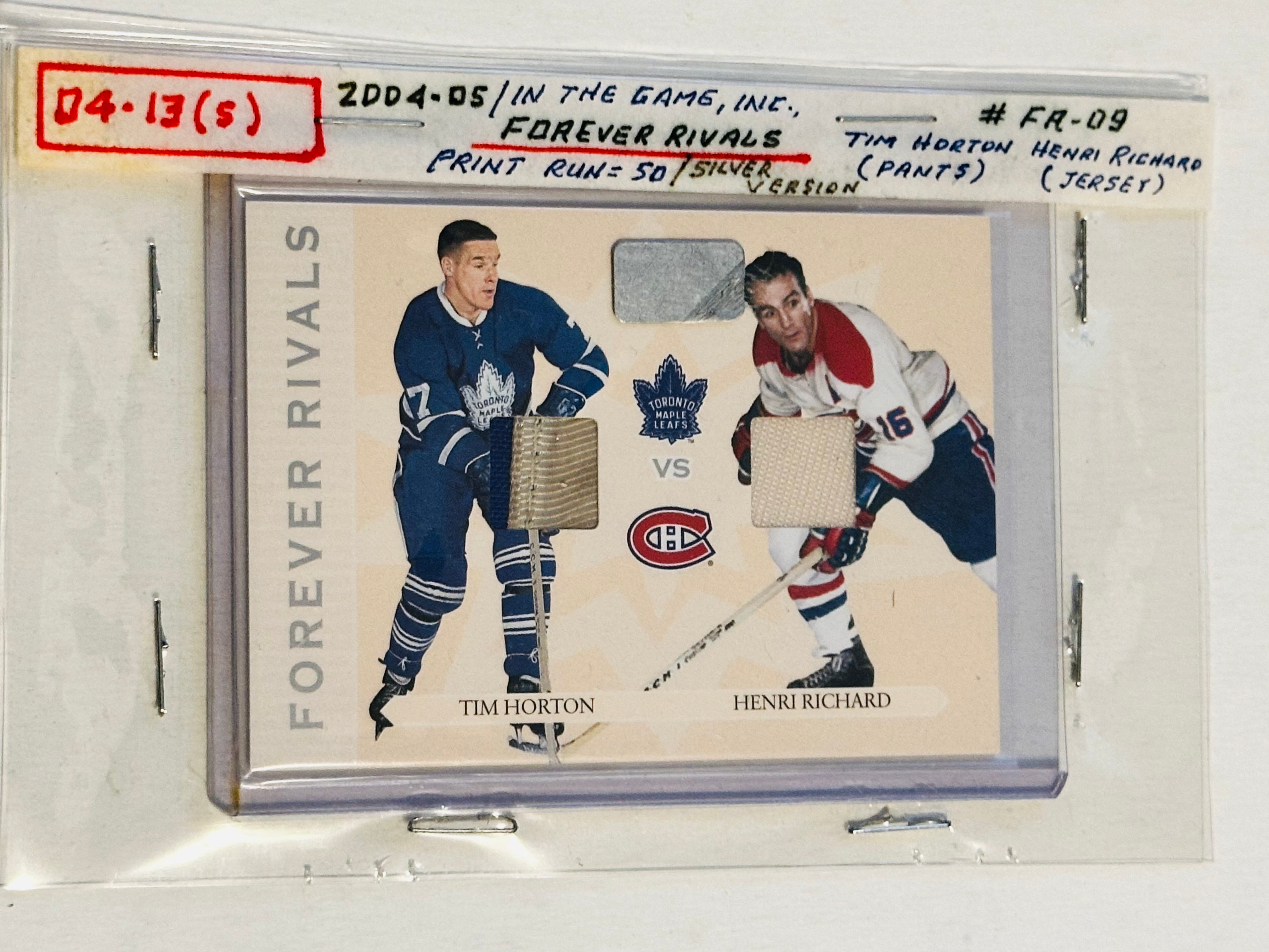 Tim Horton and Henri Richard rare Triple hockey memorabilia insert card 2004