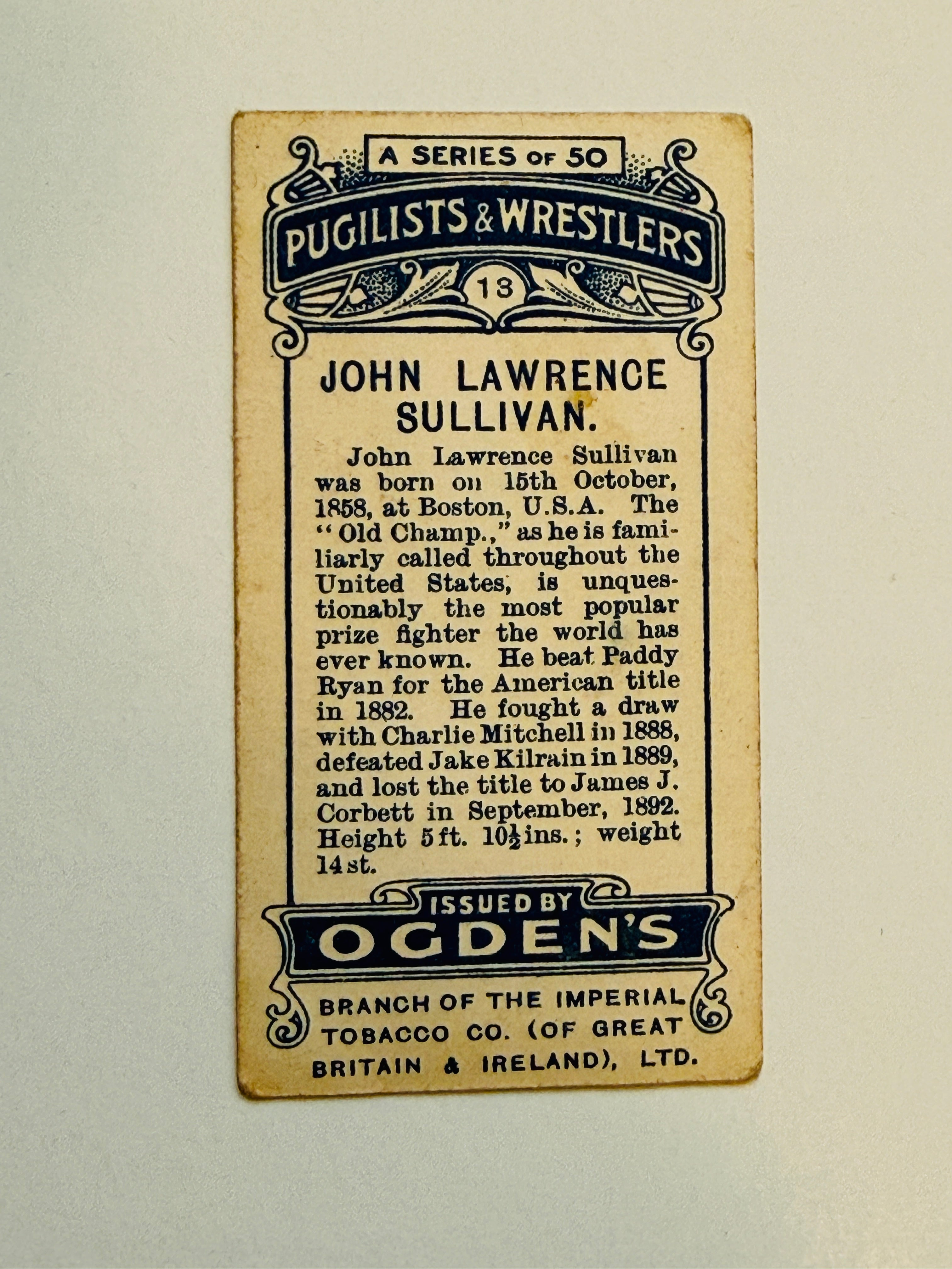 John Sullivan boxing legend, rare original card from 1908