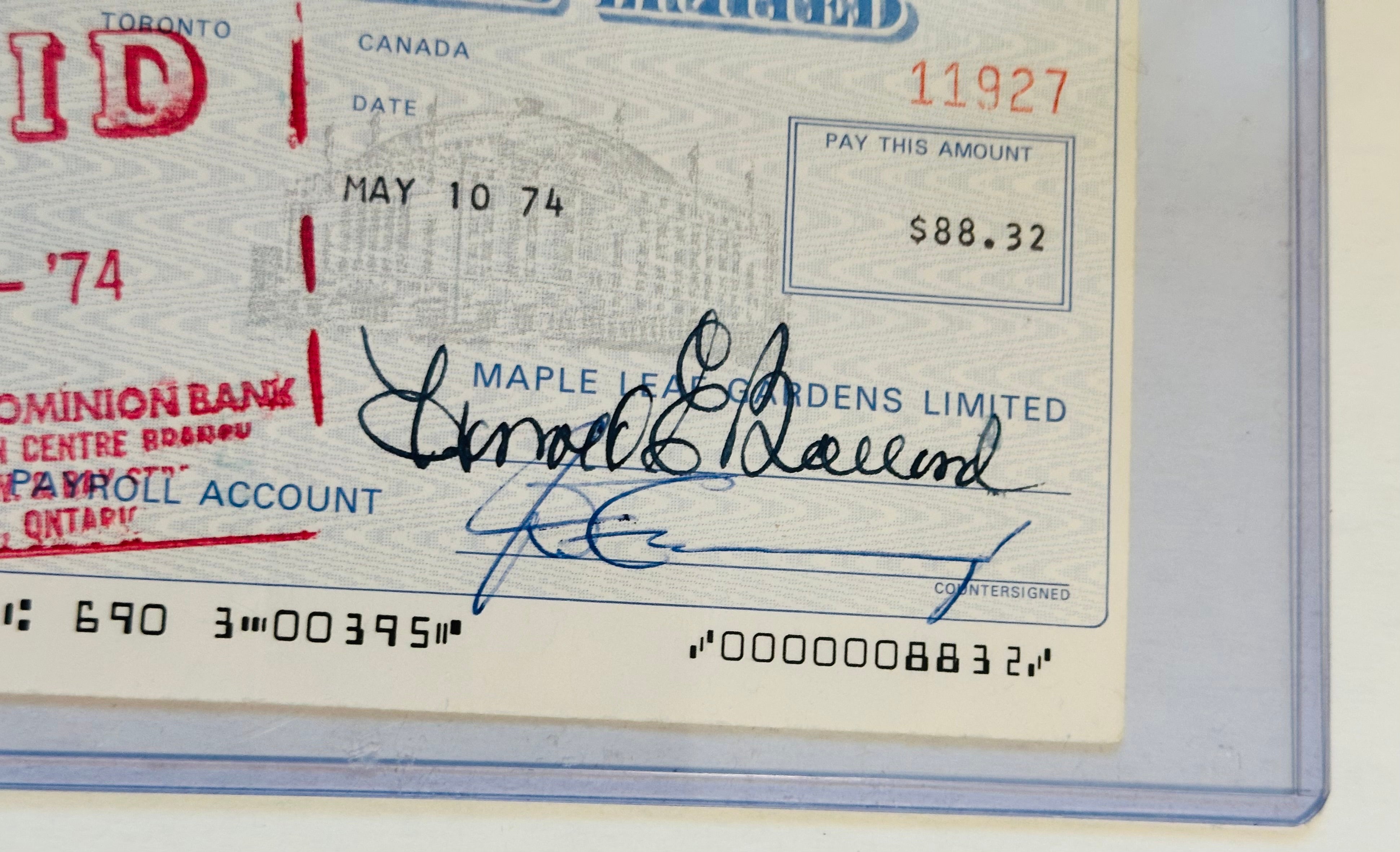 Toronto Maple Leafs Harold Ballard, rare signed check with Dennis Dupree, 1974