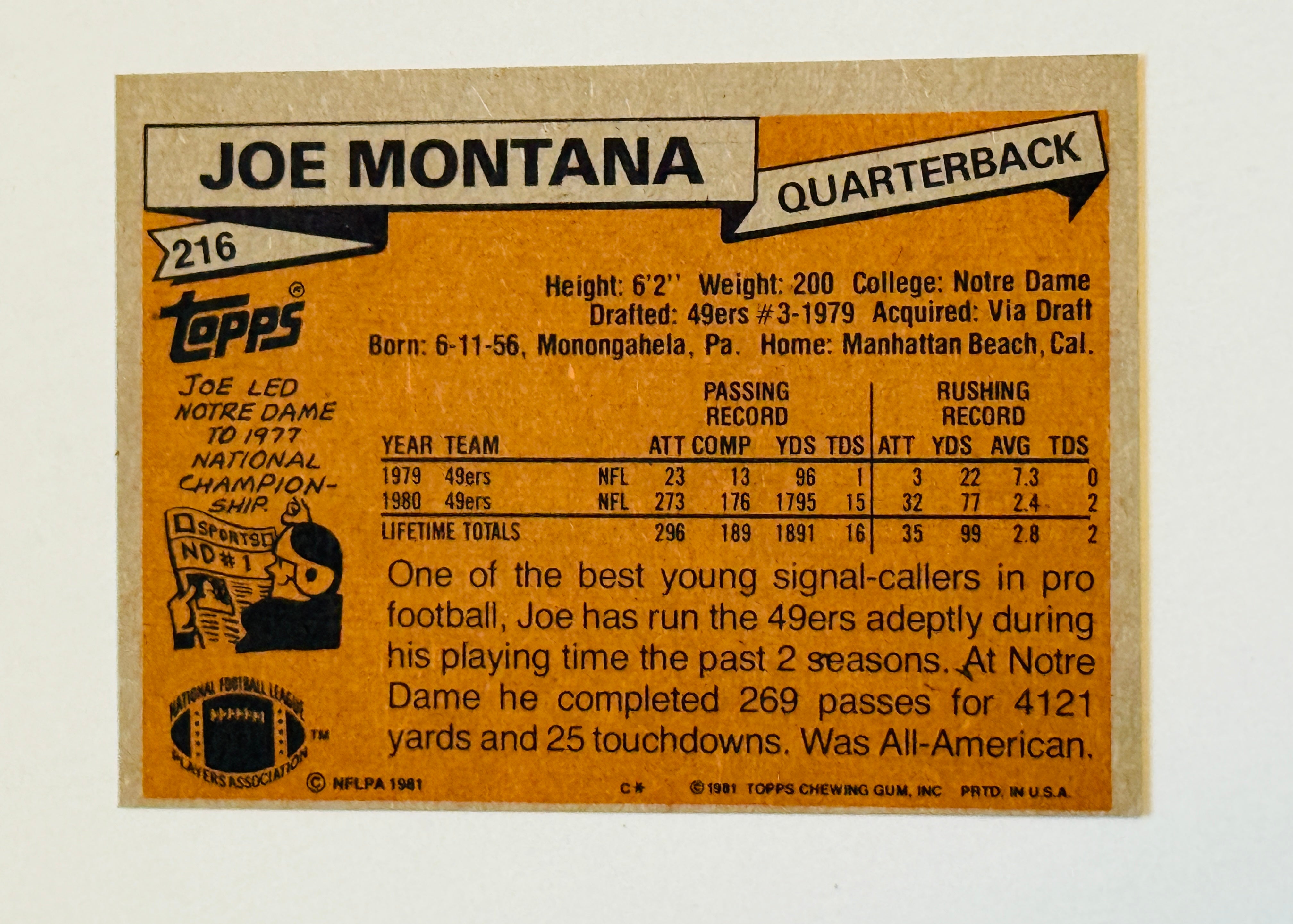 Joe Montana Topps high grade football rookie card 1981
