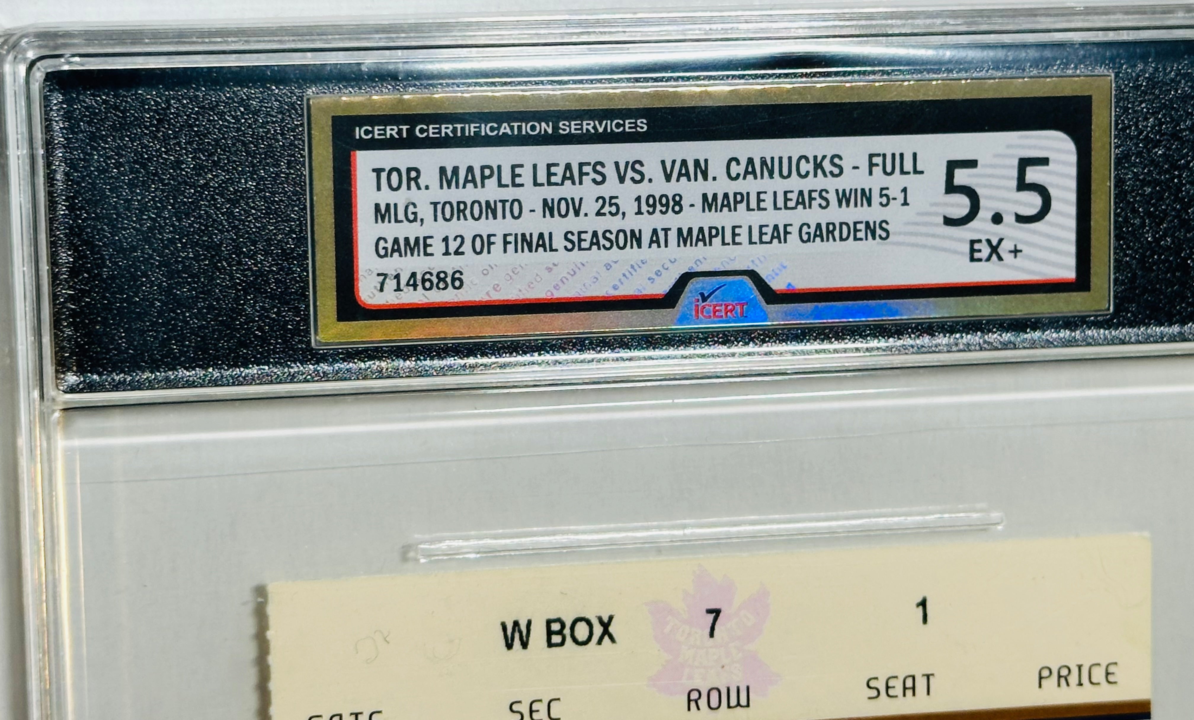 Tim Horton Maple Leaf Gardens original game ticket 1998 graded