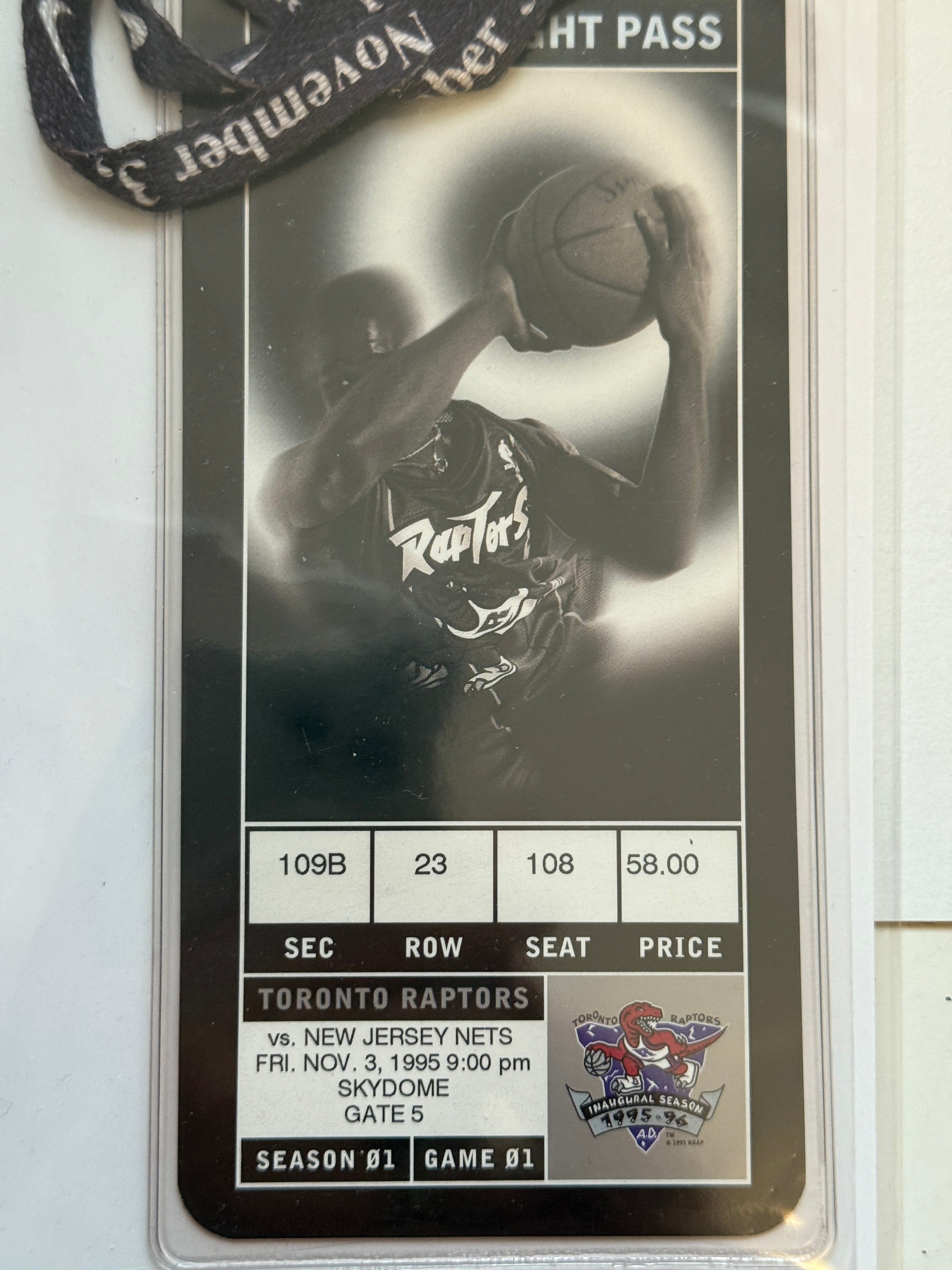 Toronto Raptors basketball rare first game ticket with Nike lanyard 1995