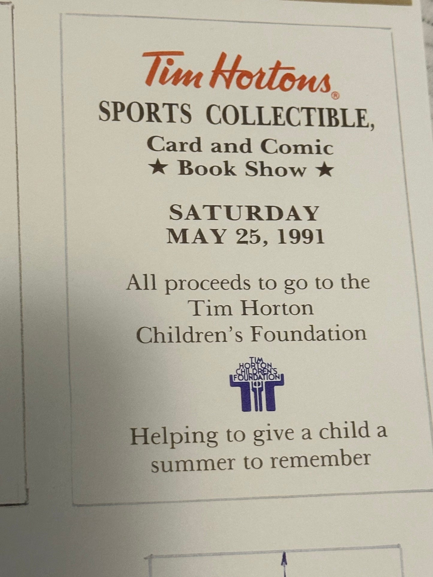 Tim Hortons Children’s foundation hockey card 1991