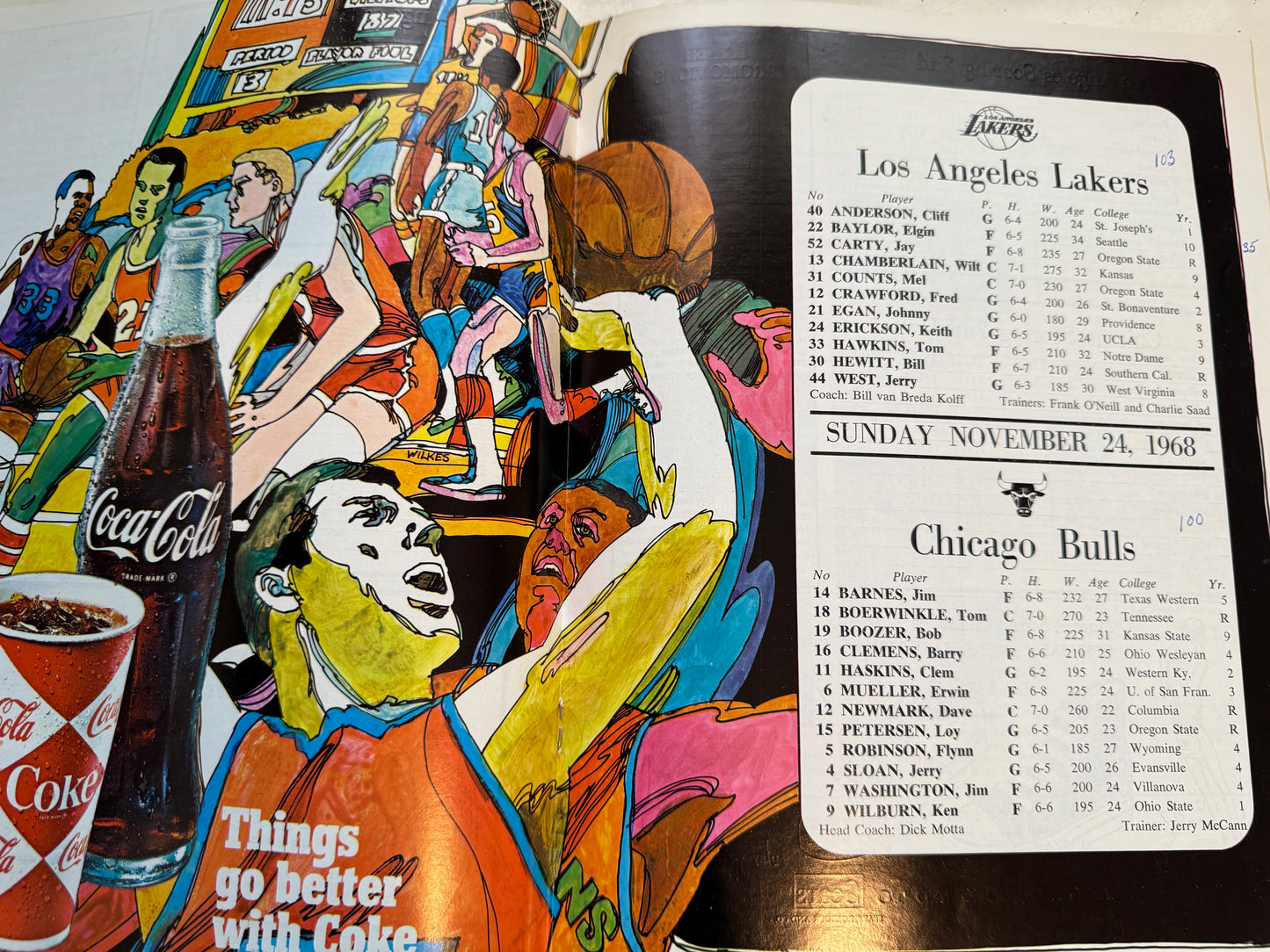 Lakers basketball game program versus Bulls November 24, 1968