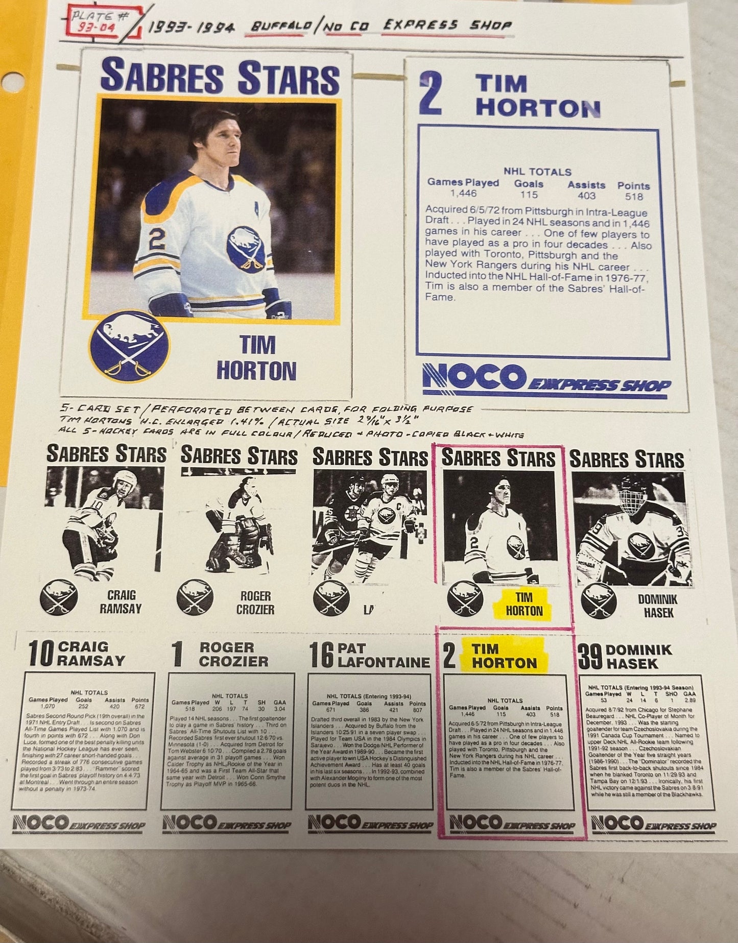 Tim Horton rare Buffalo Sabres Noco express shop hockey cards panel set 1993