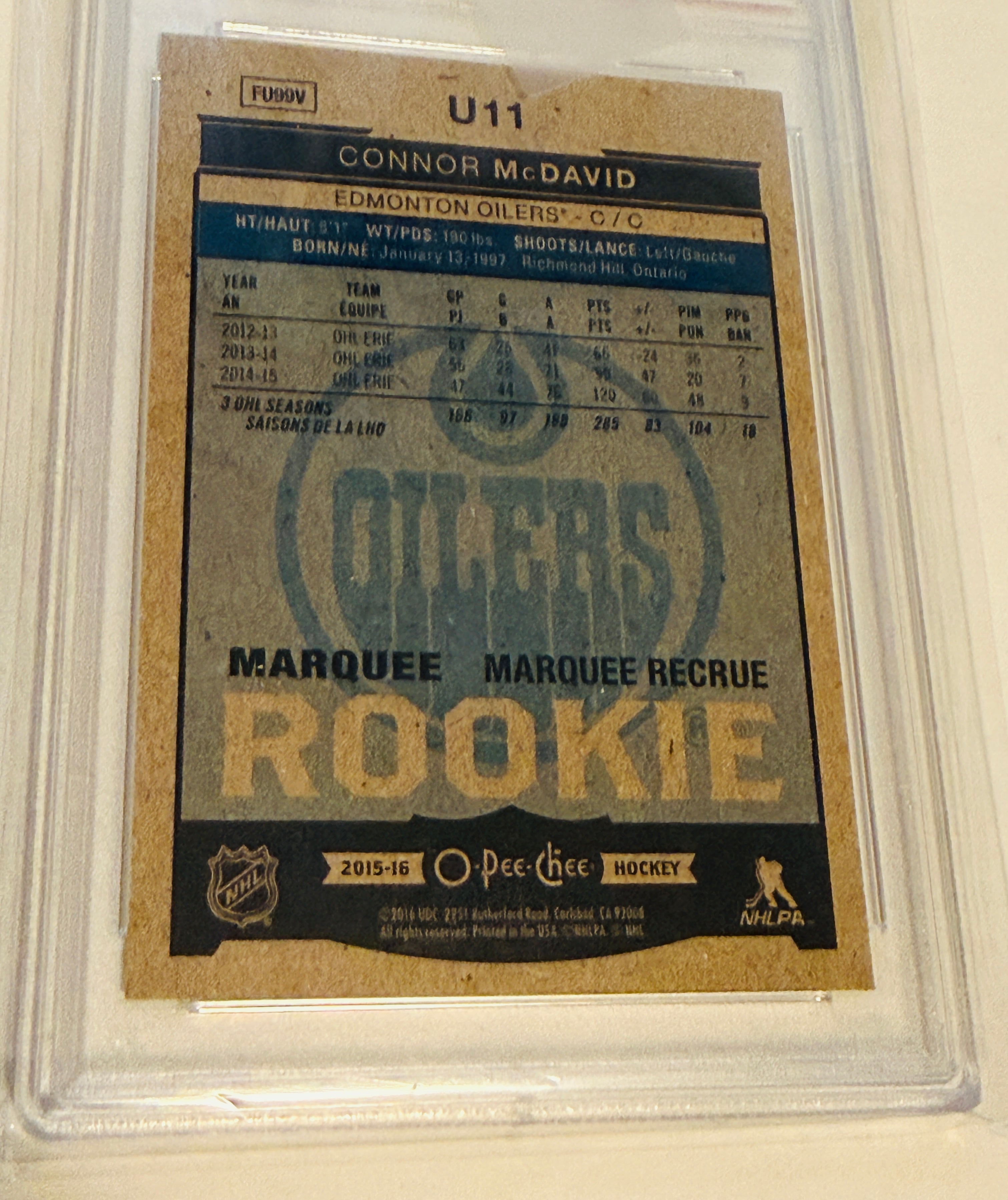 Connor McDavid O-pee-chee PSA 9 graded rookie hockey card 2015 Connor McDavid O-pee-chee PSA 9 graded rookie hockey card 2015
