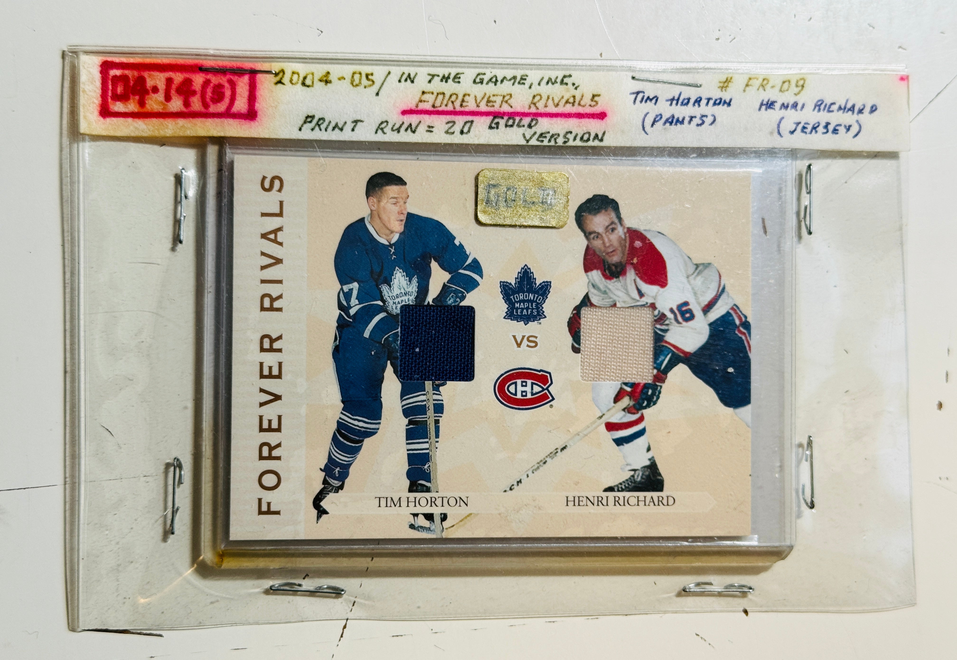 Tim Horton and Henri Richard rare double memorabilia hockey rare Gold version insert card