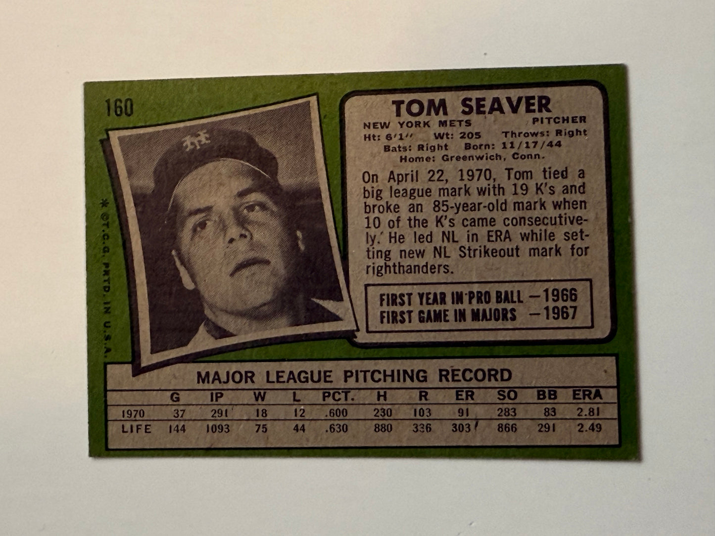 Tom Seaver topps baseball. High grade condition card.1971