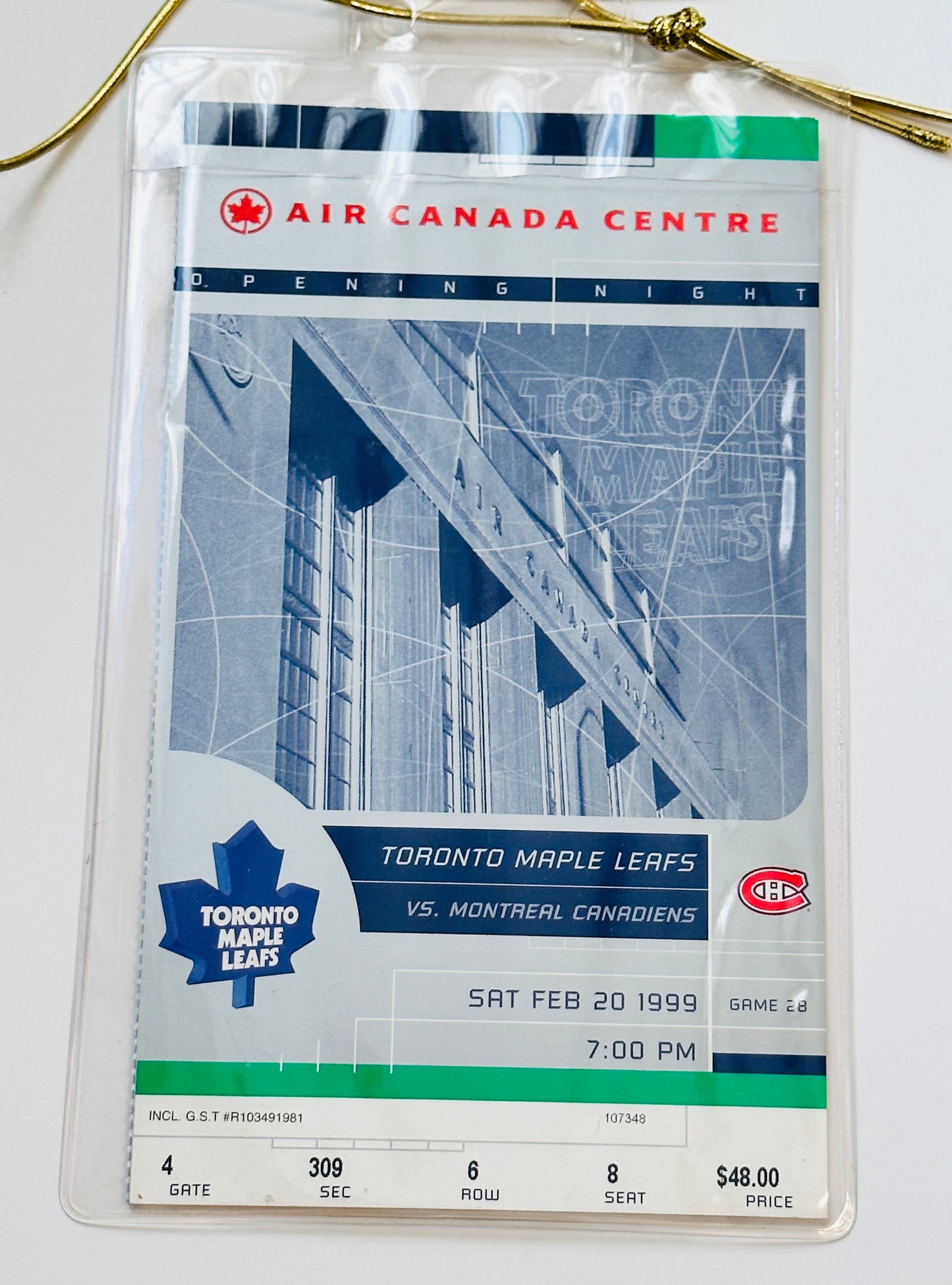 Toronto Maple Leafs first Air Canada center game ticket protected in Lanyard Leafs vs Montreal 1999